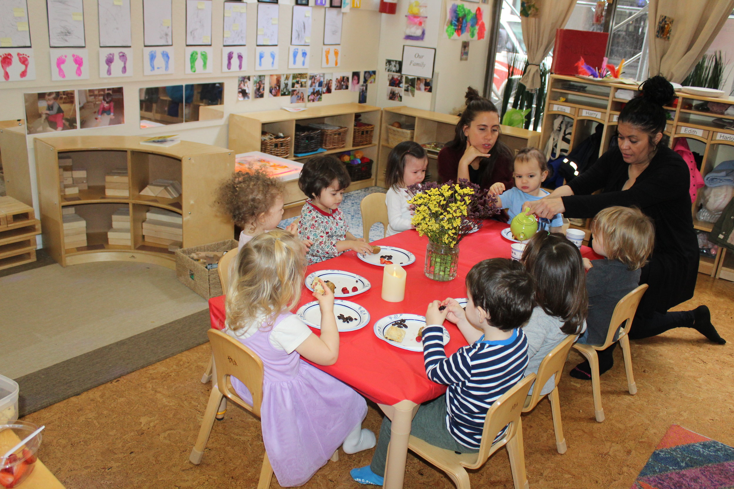     The children were eating strawberries, muffins, raisins, and cherry scones at their Tea Party. They wore their different hats as Hooray for Hats was being read to them.&nbsp; The also enjoyed a cup of apple juice served from a Teacup.&nbsp; &nbsp