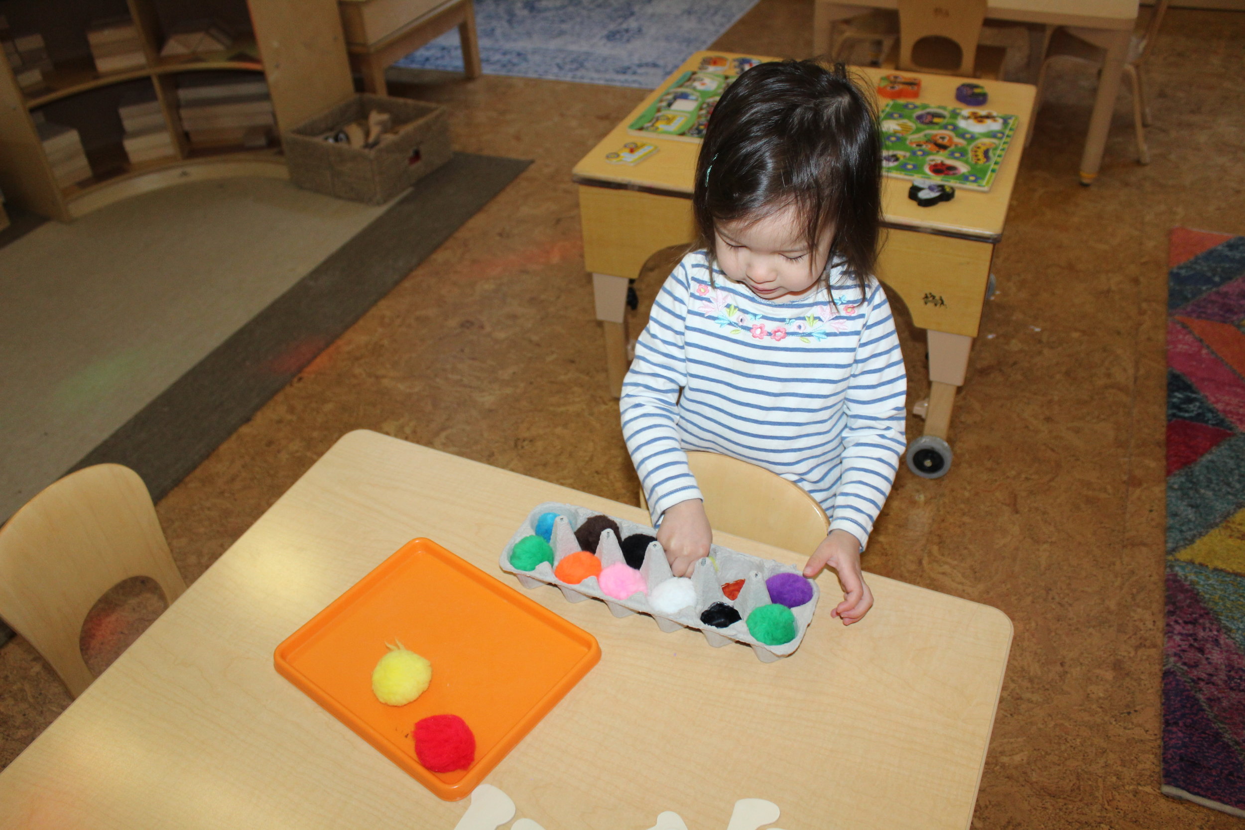     We used an egg carton and different color tempera paints, to create a color recognition game. The children enjoy interacting with fuzz balls; therefore, creating a fun and learning experience allows them to absorb information simply.&nbsp;&nbsp;H