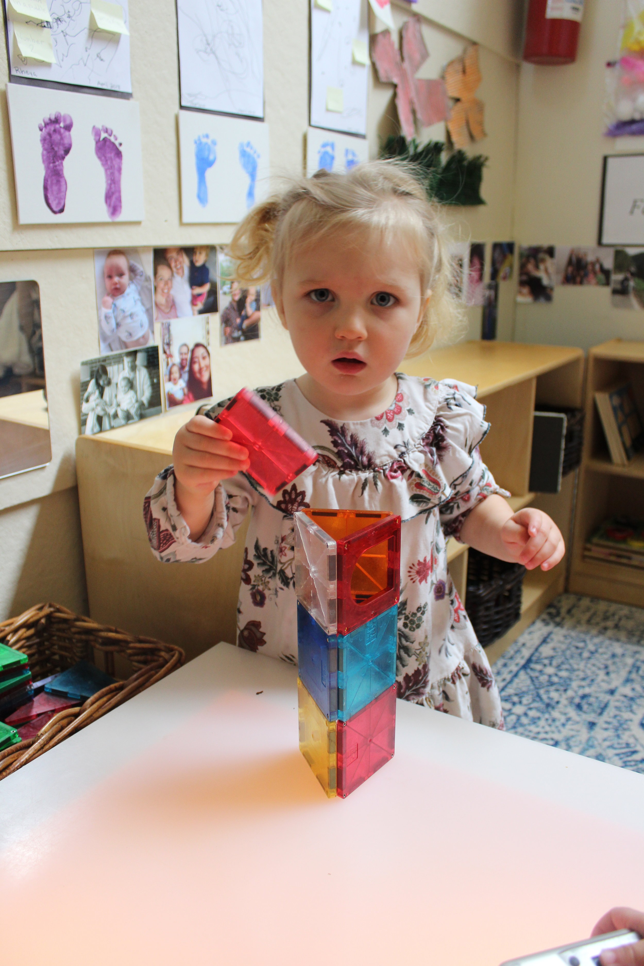  Magna-tiles vary in shapes to build and rebuild different structures. They foster critical developmental skills, imaginative play, and creativity. The unique pieces engage children in in-depth investigations.  Madeline explores, creates and manipula