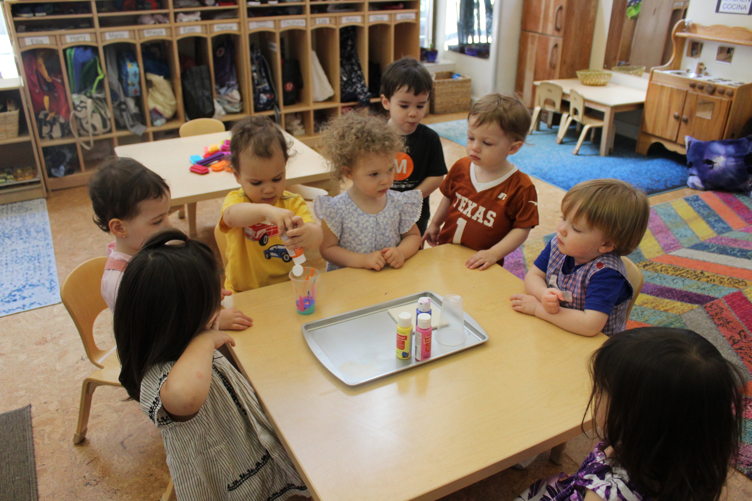  We created more colorful tiles for our Spring Fair. The children appear amazed as they see how the colors they squeezed into the cup without mixing, created a pattern of colors on the tile. Some of the children participated in splattering color on a