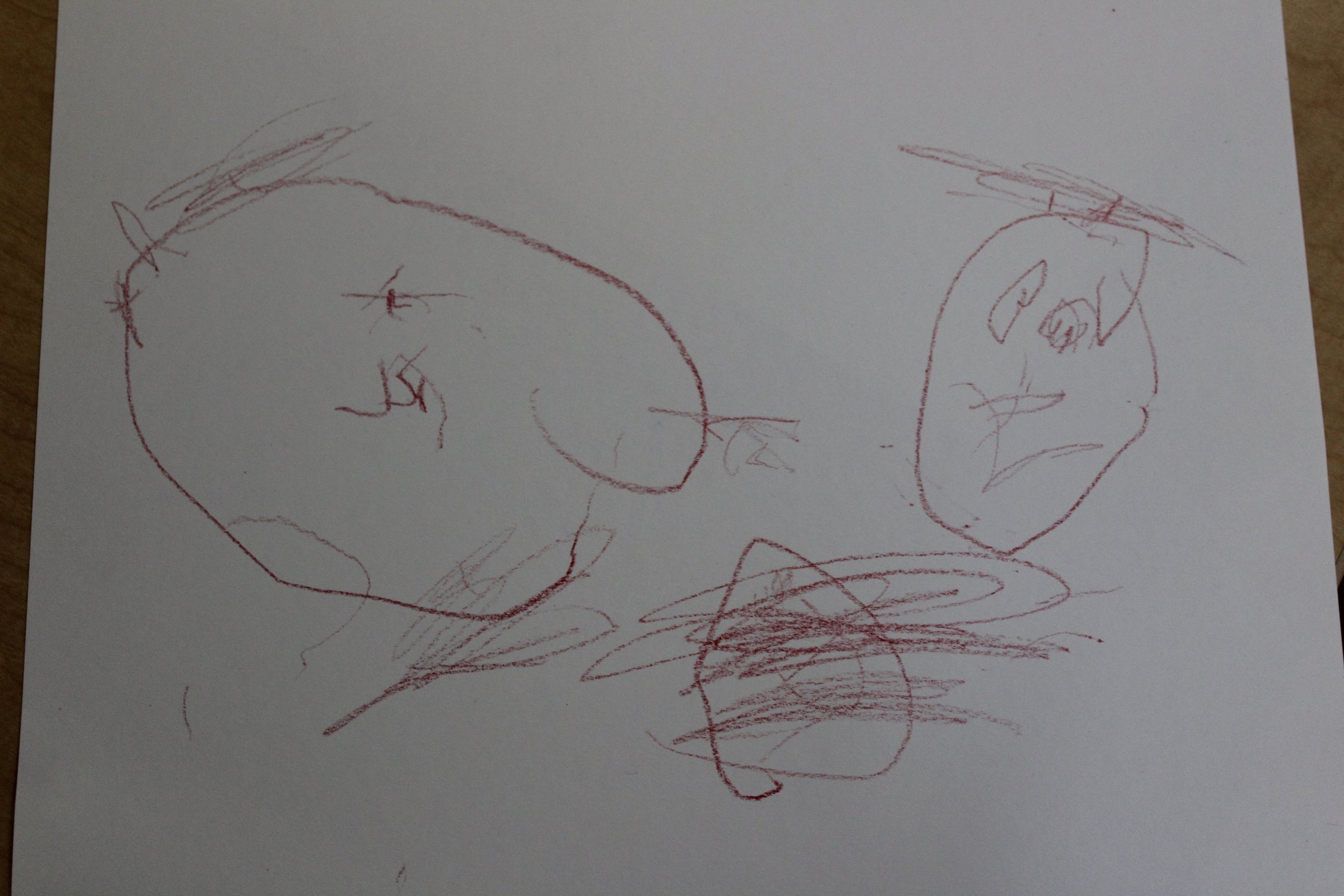  Harlow drew her teachers, Janet on the left and Sandra on the right. Harlow asked Janet what Sandra needs (referring to the different facial features). When Janet told her that Sandra needs ears and hair, she drew them exactly where they suppose to 