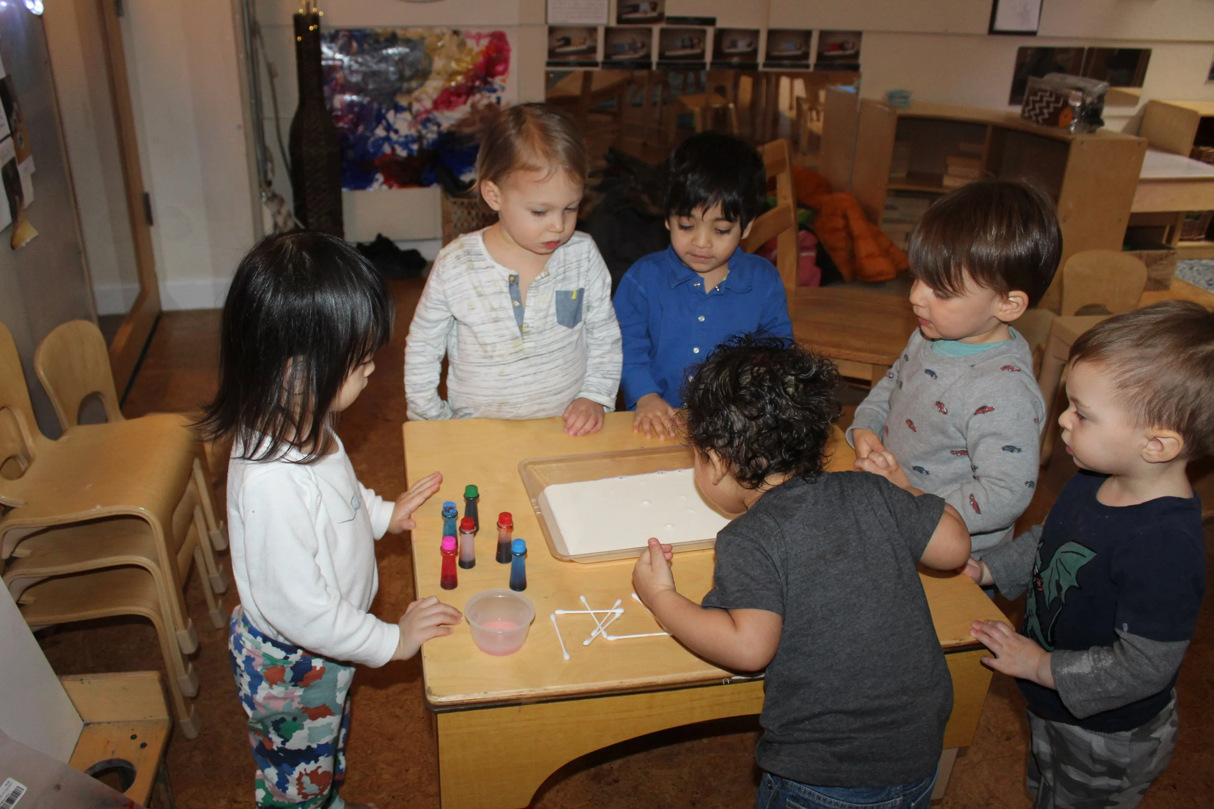  We placed some drops of food&nbsp;coloring over the milk and dipped a Q-tip into some dish soap.&nbsp; Then, with the drop of soap directly onto the food coloring and we watched the colorful fireworks!&nbsp; The children&nbsp;looked excited to see t