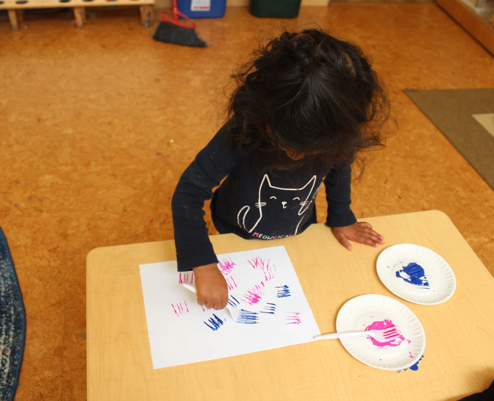   Painting with Forks   The children seemed to enjoy dipping the fork into the paint and then pressing the fork down onto the paper. They appeared surprised, as they noticed the pattern they created. I enjoy exploring and discovering new things for t