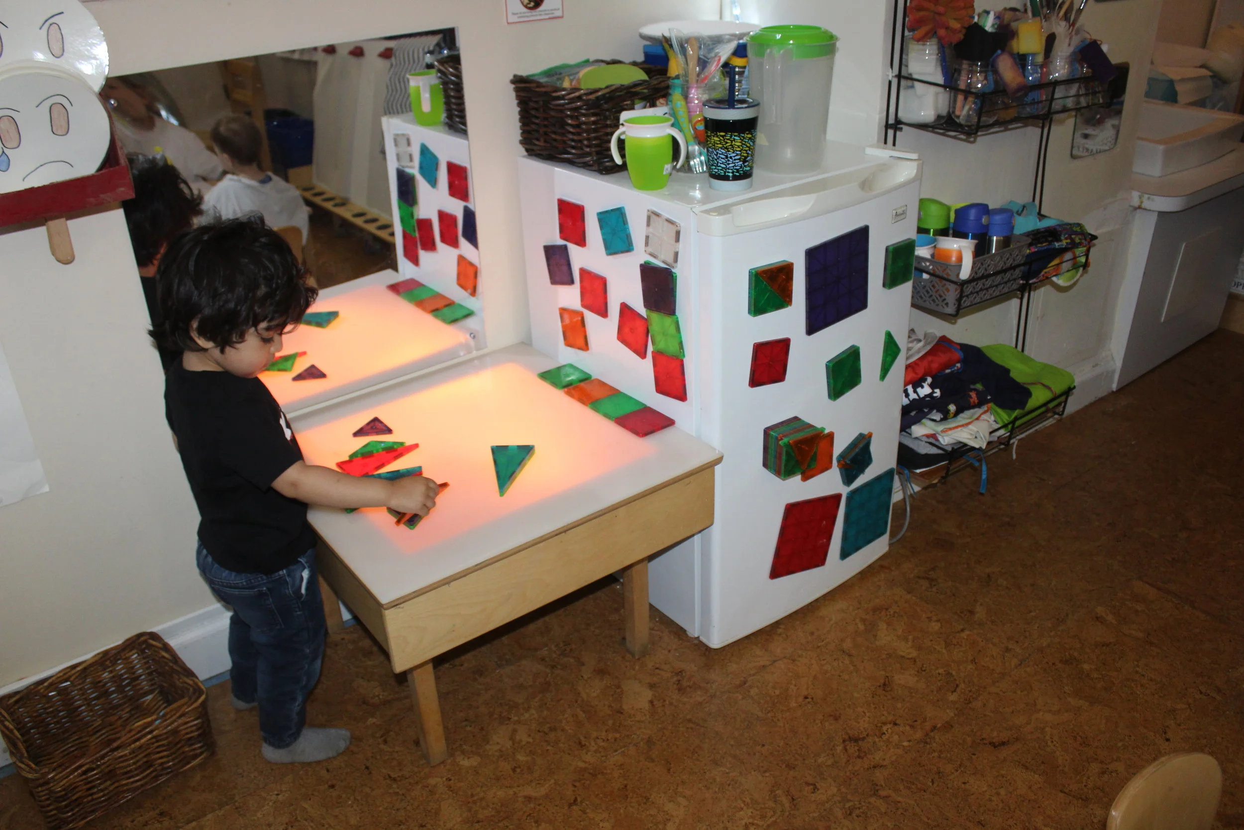  These versatile manipulative were very popular during the week. Rohan placed several pieces on the refrigerator. The art arrangement with the different shapes looked magnificent.  