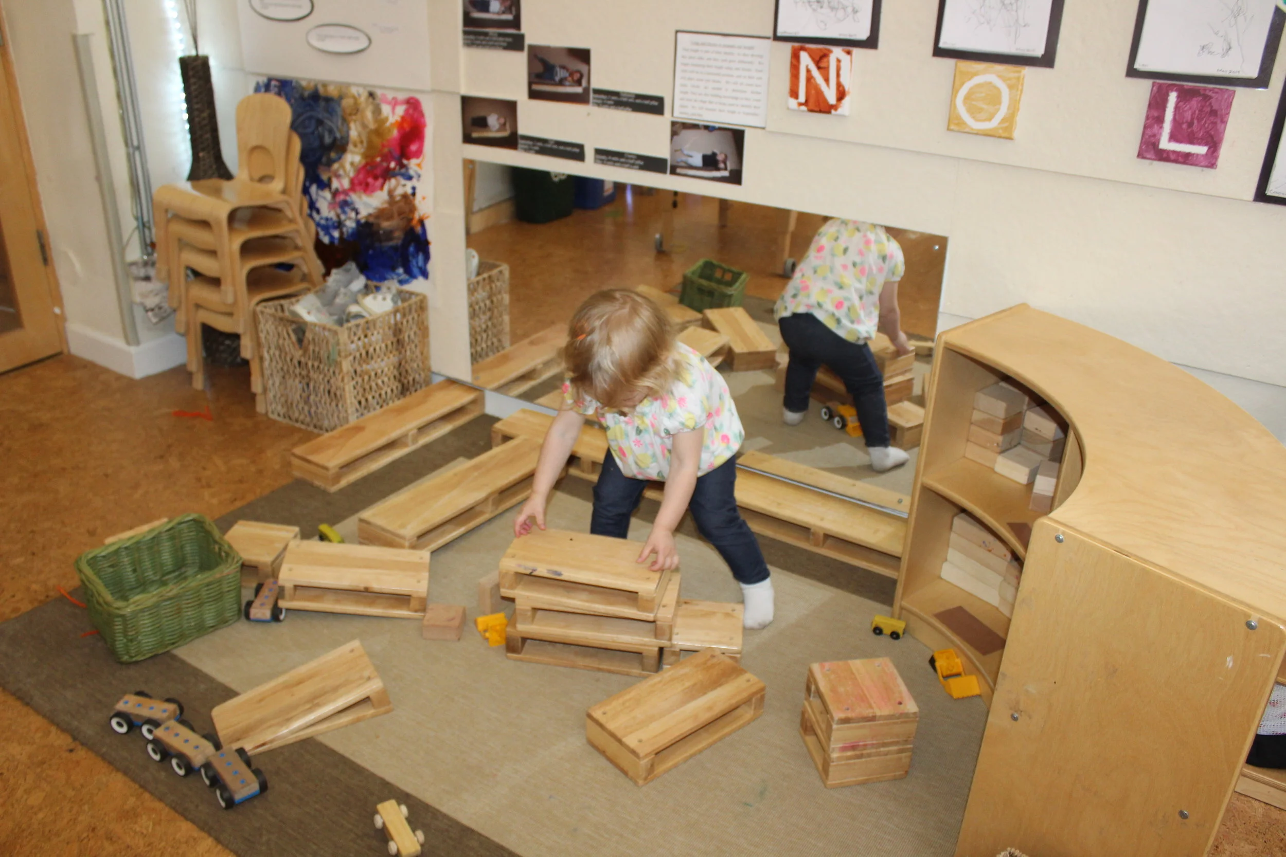  Hollow Blocks facilitate the learning of spatial concepts and simple geometry. Building with blocks promotes skills that involve the whole child. Each child moves their muscles differently to build and create structures.  Alex has been discovering h