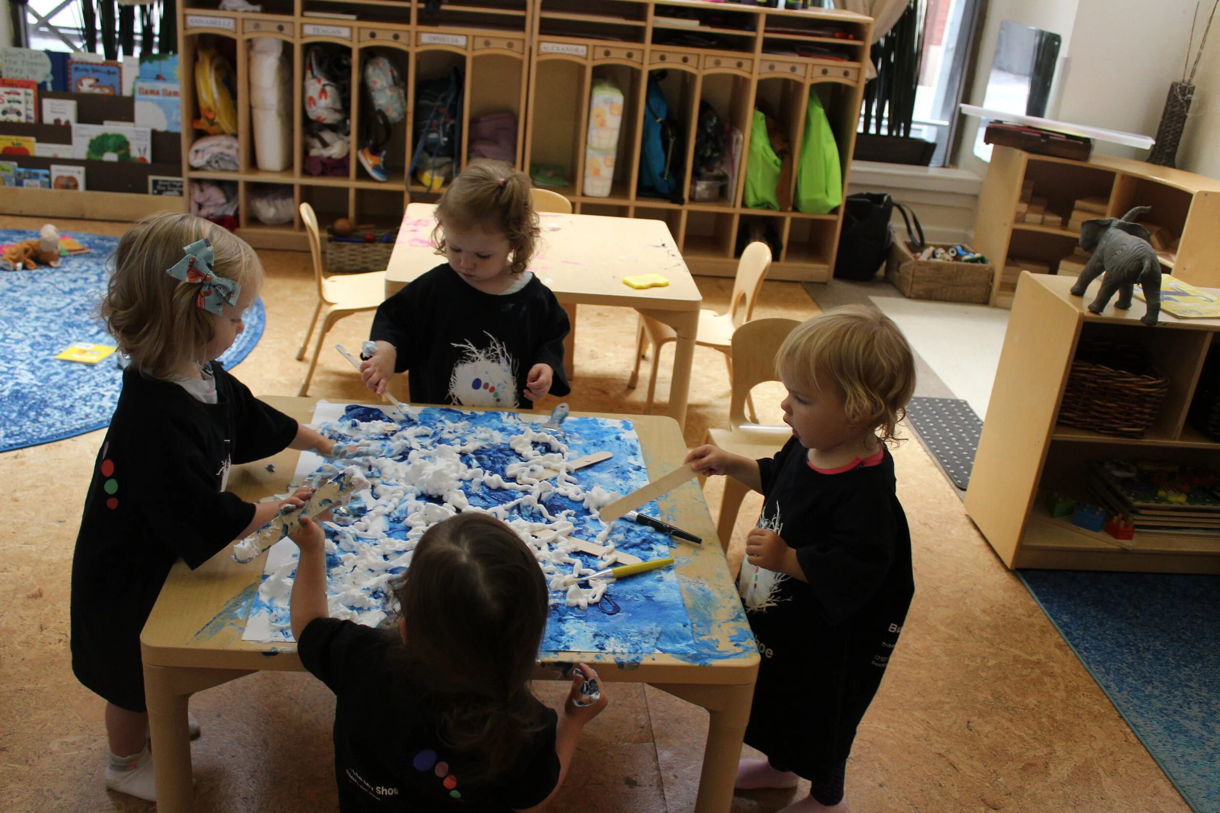  Alexandra was reluctant to touch the shaving cream with her hands. A new and different sensory experience promotes an insecure feeling. It is essential always to provide various tools to explore. Providing choices allows children to explore their op