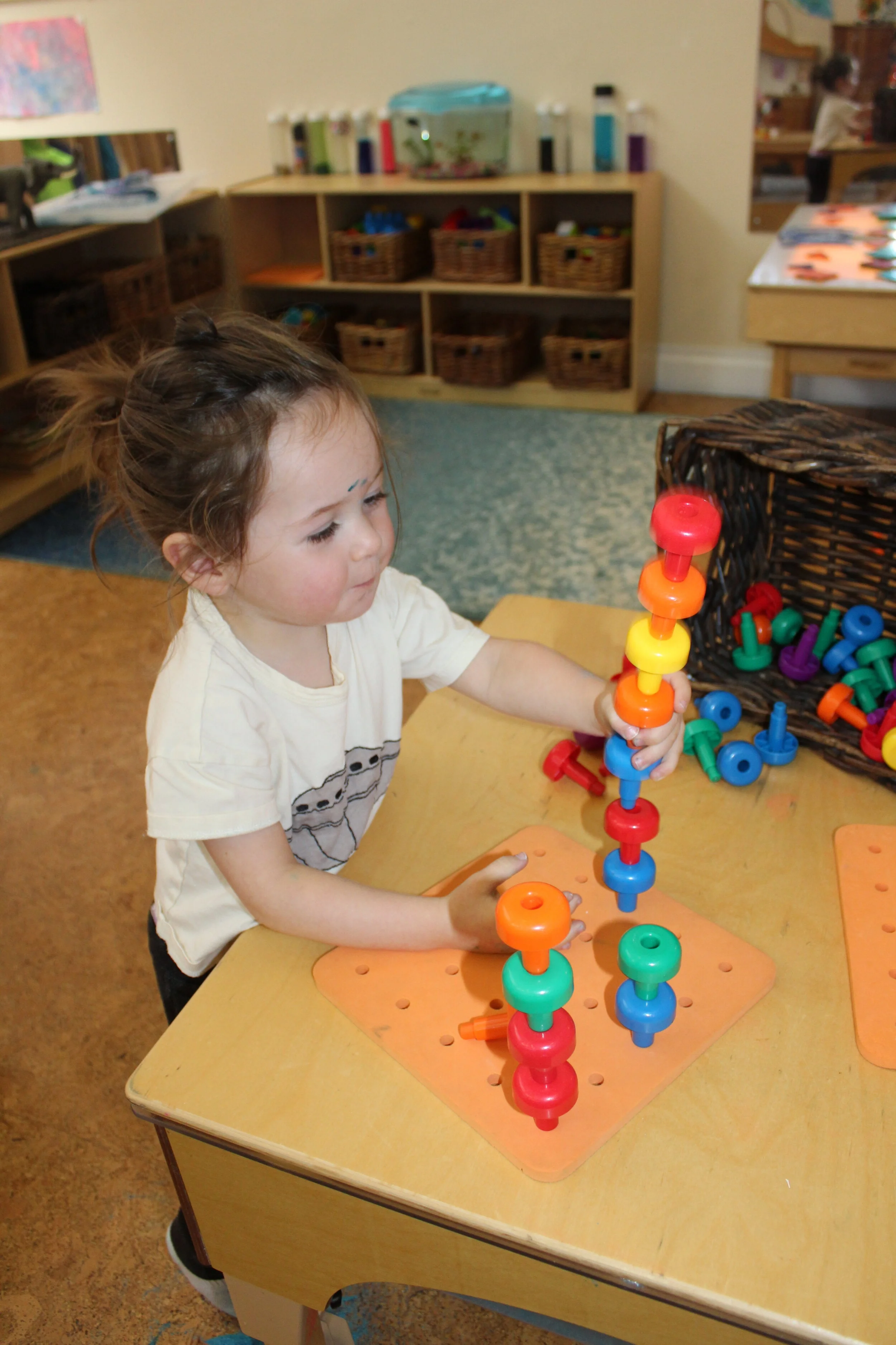  These manipulatives are aimed to develop and strengthen fine motor skills, color recognition, sorting, counting, and patterning. Pegs foster the pincer grip (a small object held between the thumb, index and middle finger). The development of this gr