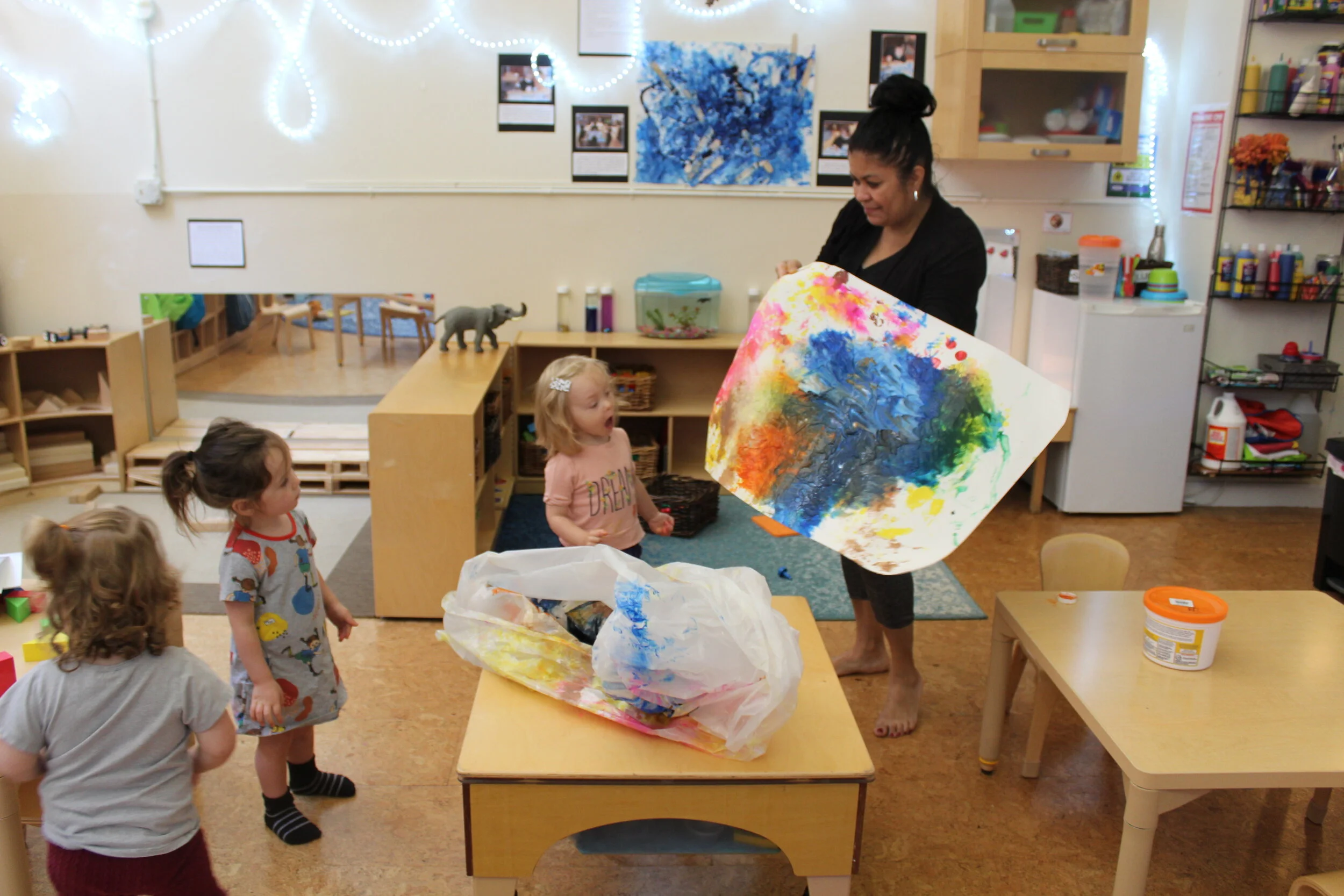   What does the painting look like?    Annabelle:  “Blue and red and yellow and orange. A big grumpy man. Tall dinosaur!”   Teagan:  “It looks dark!”   Ophelia:  “Waterpaint over there!” ( Pointing to the painting)    Alexandra:  “A ball. A dot!” 
