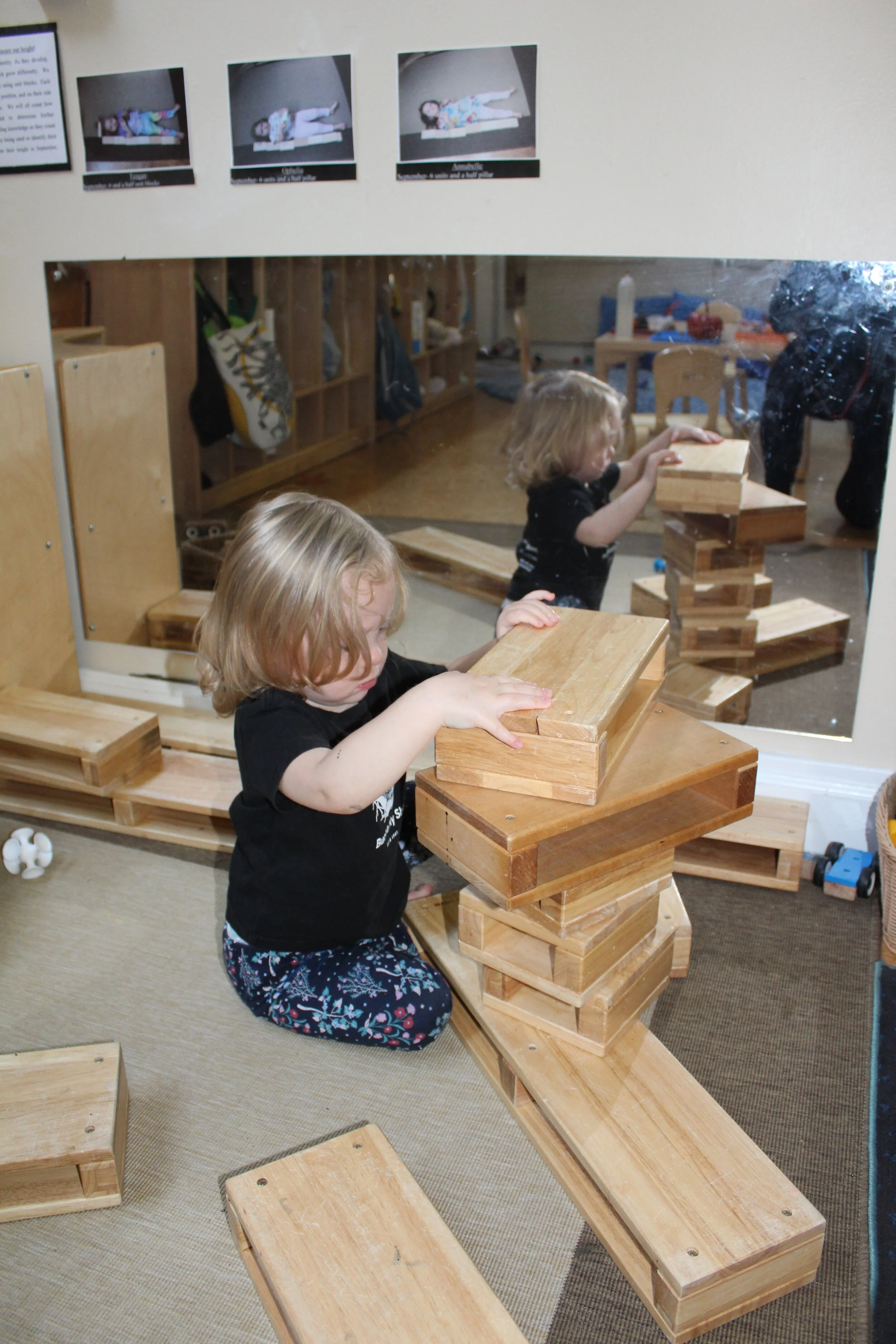  In the block center, children manipulate and maneuver the blocks as they explore them. They create, learn, and build! Young toddlers develop and explore concepts like early math, problem-solving, and cause and effect as they interact with the blocks