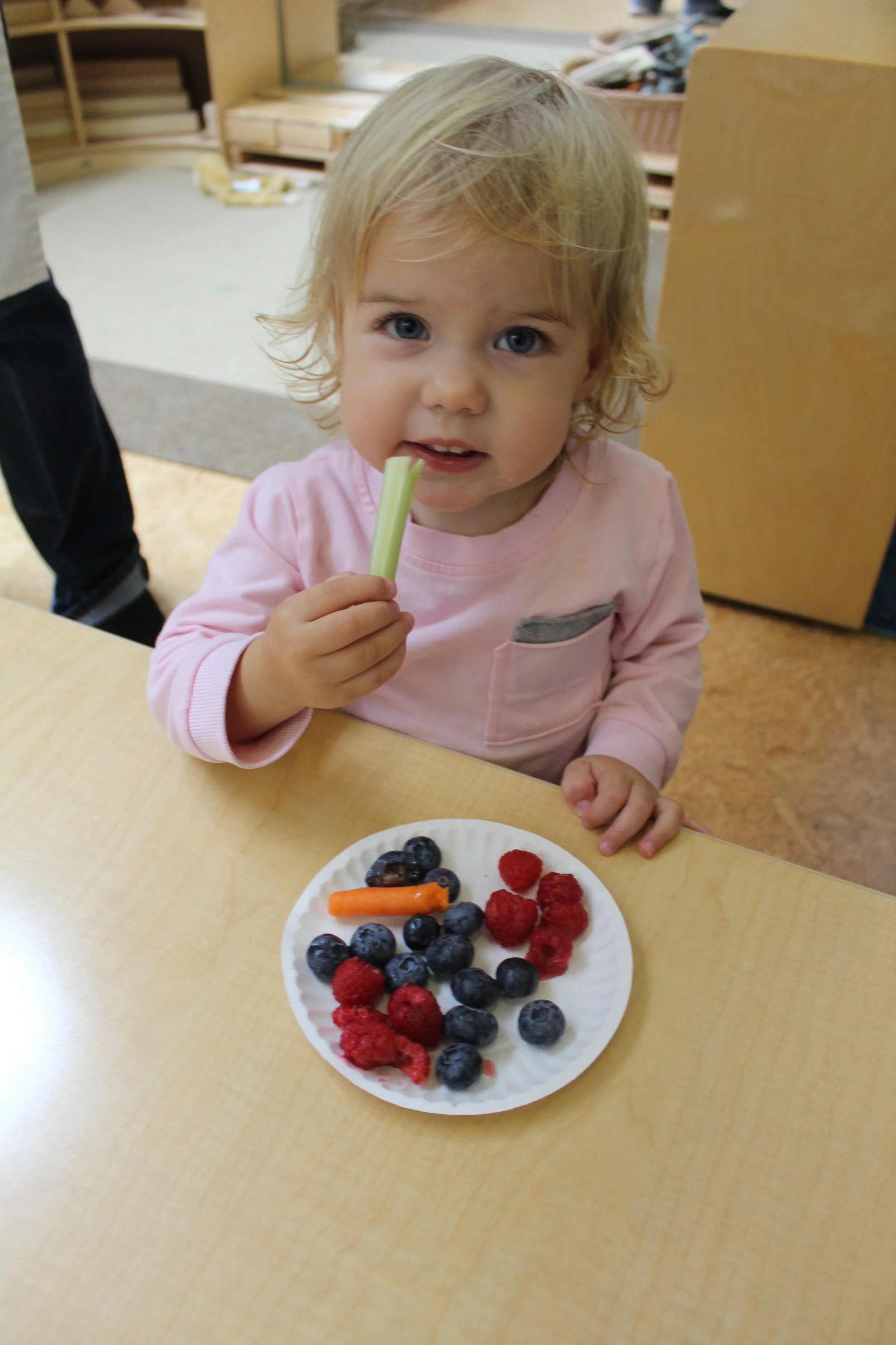  Diane prepared for the children, a plate full of different colors: red raspberries, blueberries, carrots, and celery. The children seem to enjoy tasting and observing the different colors that the fruits projected. 