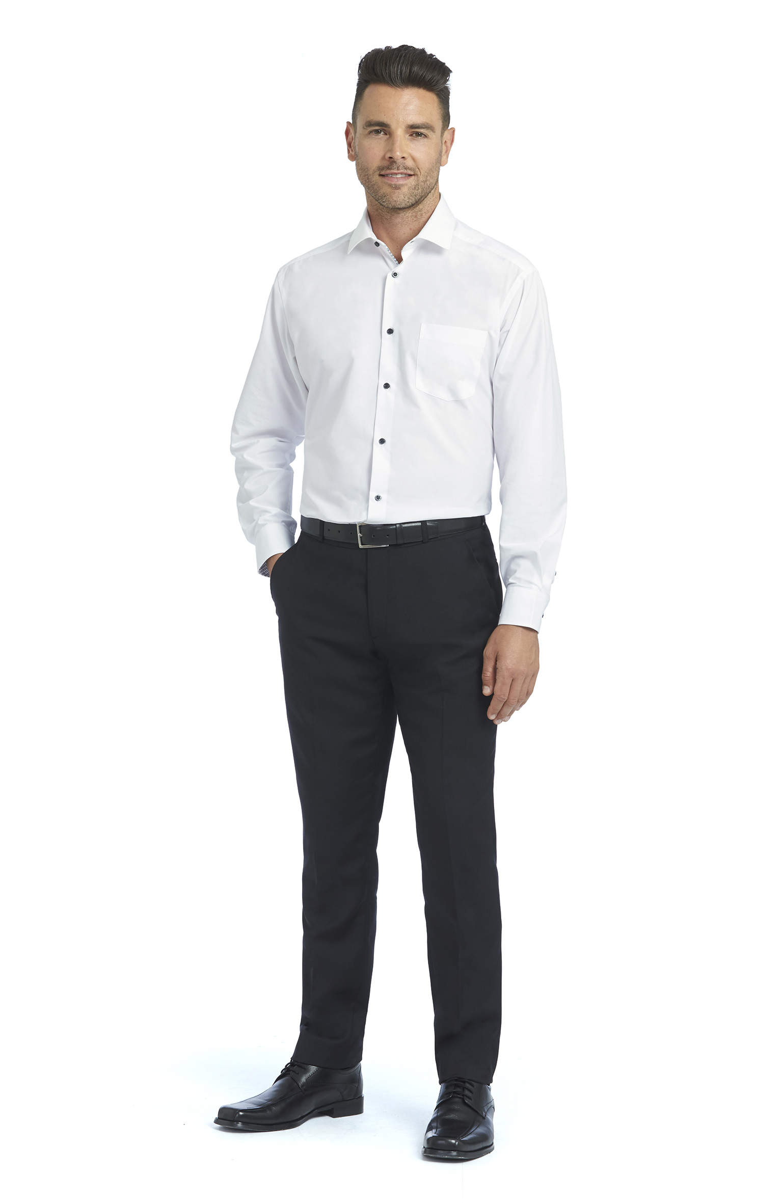 5337 : White Slim Fit Long Sleeve Shirt with Patterned Trim, Cutaway Collar