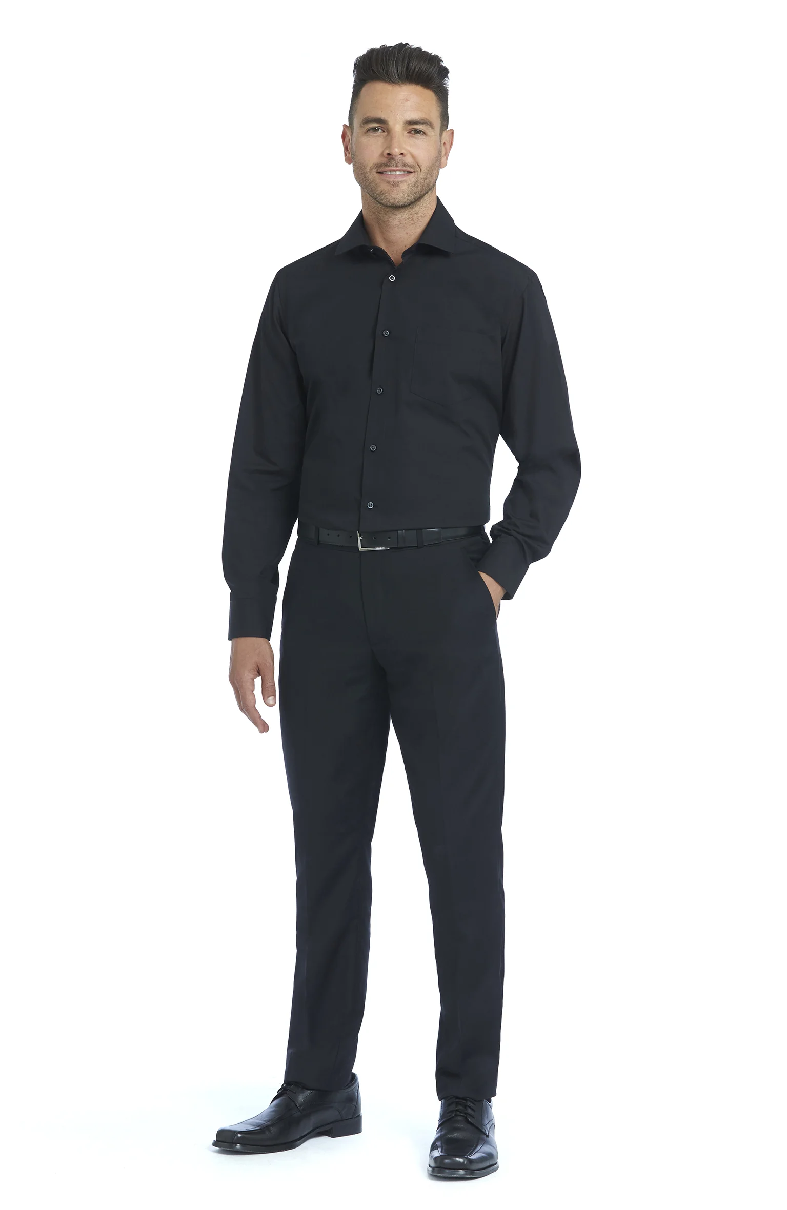 5338 : Black Slim Fit Long Sleeve Shirt with Patterned Trim, Cutaway Collar