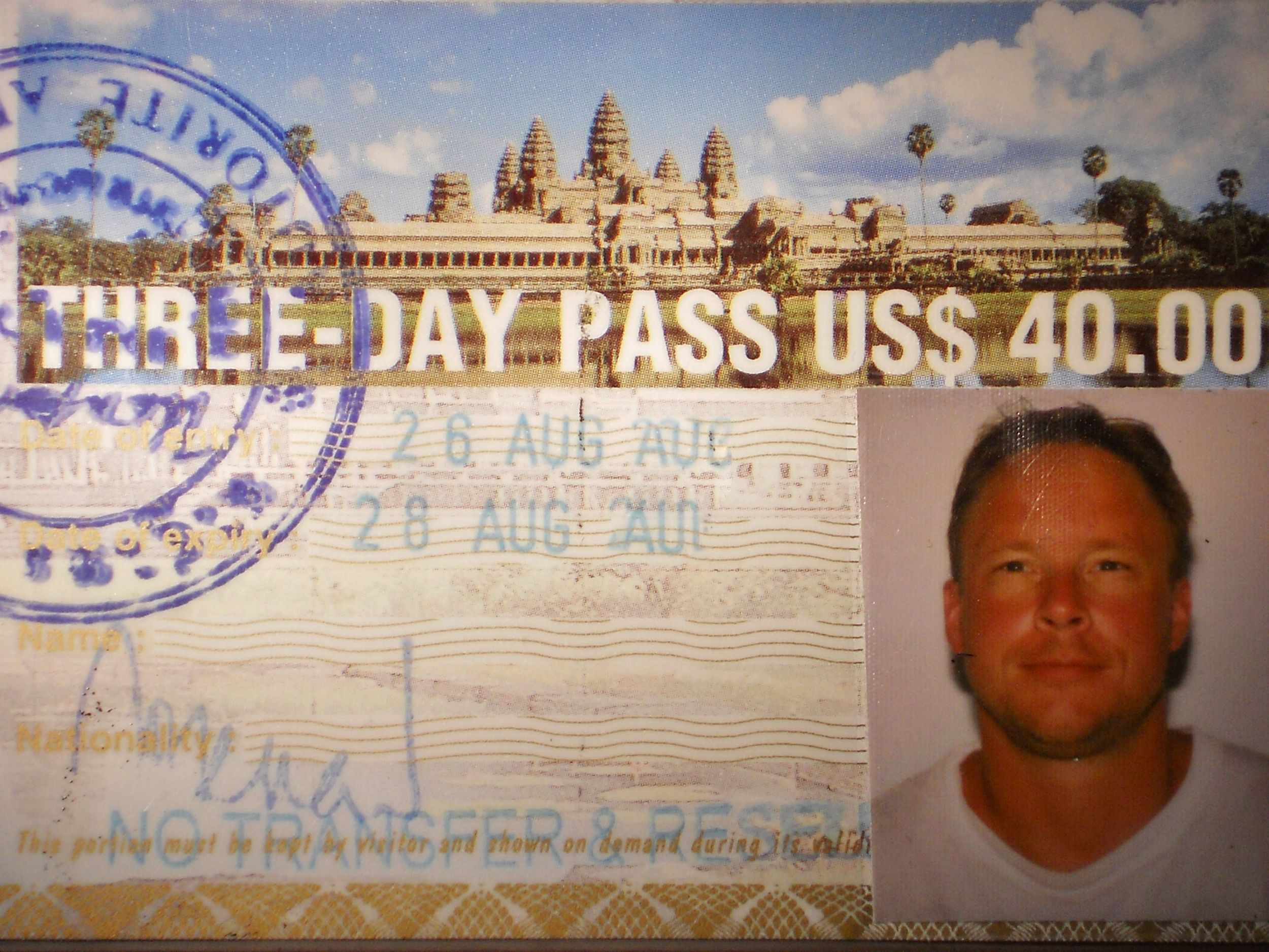 My entry pass into Angkor Archaeological Park, Siem Reap, Cambodia (August 2002).