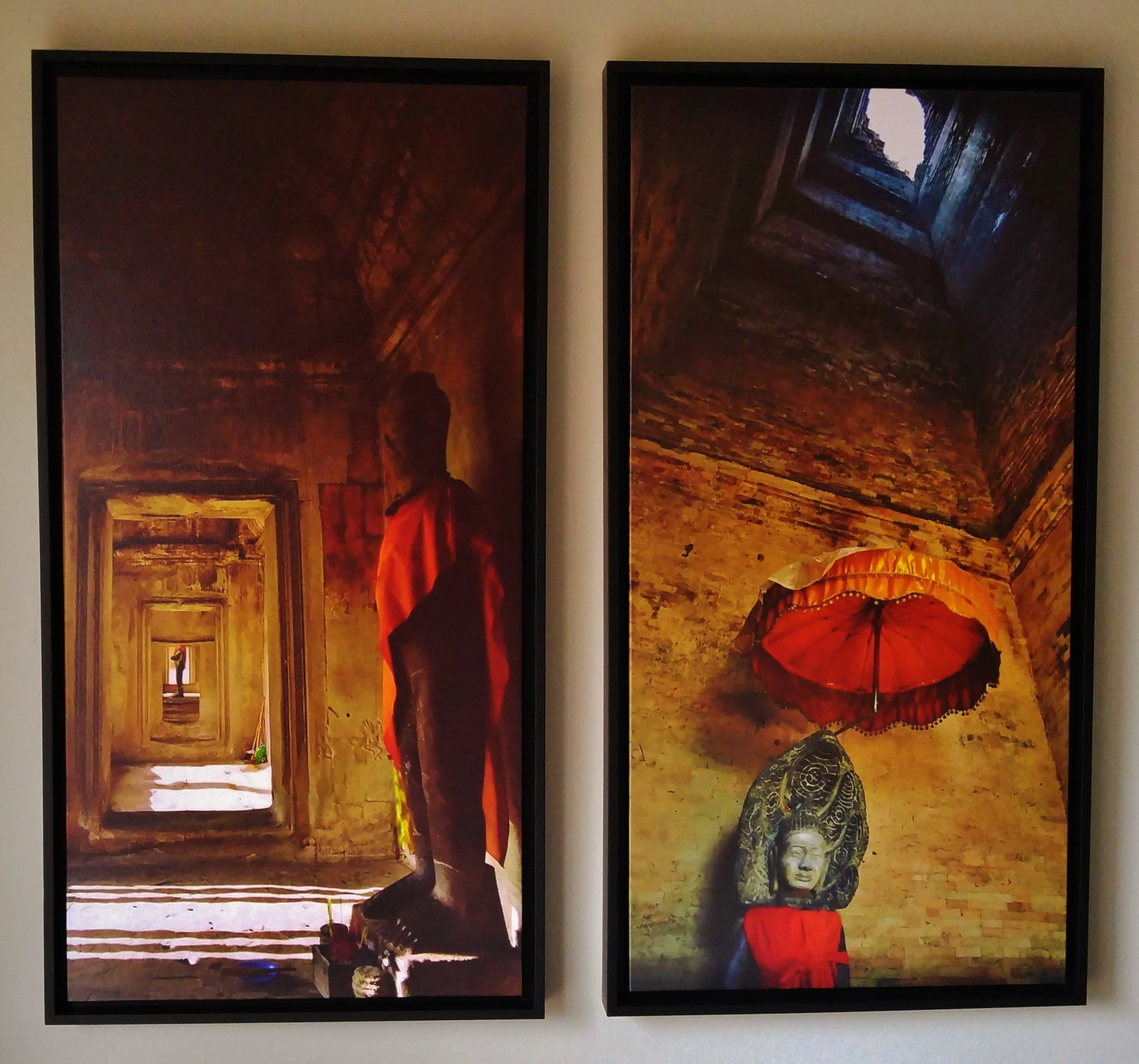 Cambodia Buddhas (Pair or Separate) 16" x 32" Stretched/17.5" x 33.5" Framed
