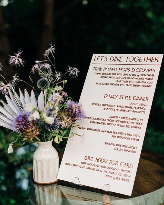 Save room for cake!! I love this custom menu from Pomp &amp; Revel! The 3D laser cut copper metallic acrylic letters shined in the sun, so pretty! 
Image by @brandonpatoc 
Menu by @pompandrevel 
Flowers by @bleedfootflorals 
Catering by @barkingfrogw