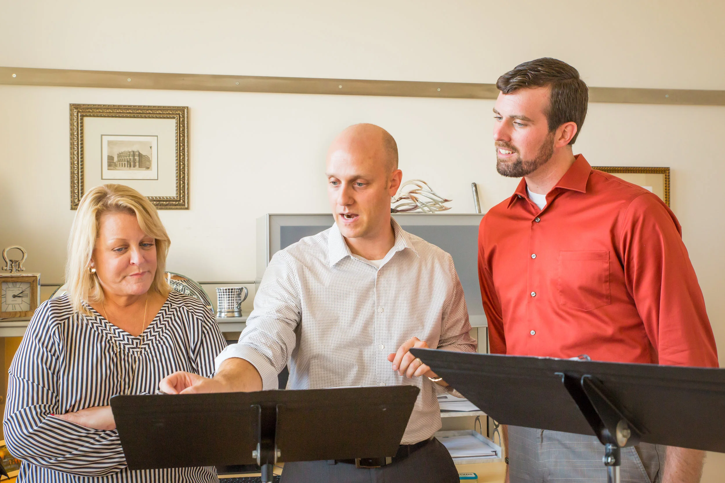 Deborah Voigt, Evan Mack, and Jeffrey Williams rehearsing Roscoe at Voigt's studio in San Fransisco, CA.