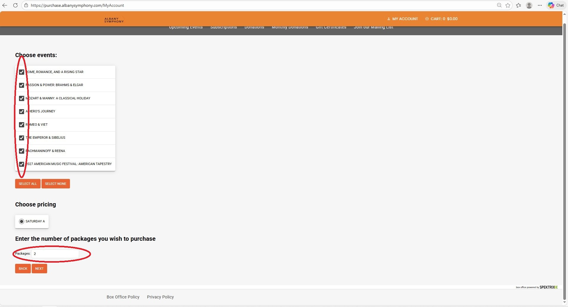 3) Select the concerts in your subscription (if applicable) and indicate the number of packages you will be purchasing