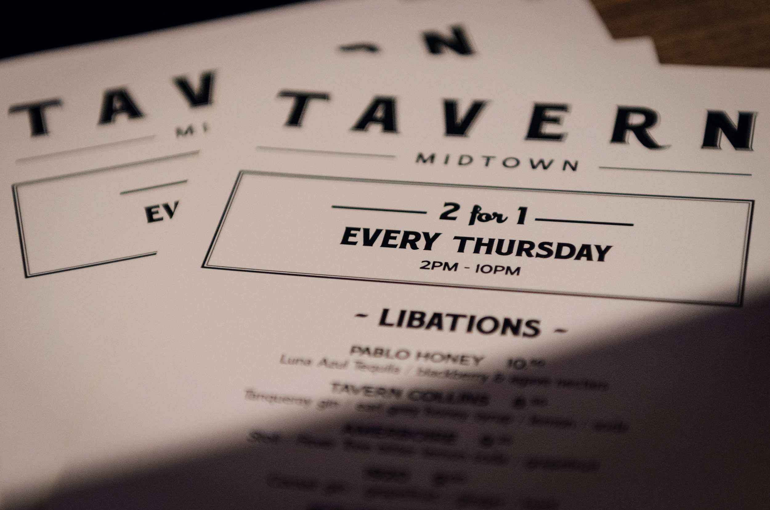 Tavern 2-for-1s are now moved to Thursday. Come over at 2 PM and start early on the fun!