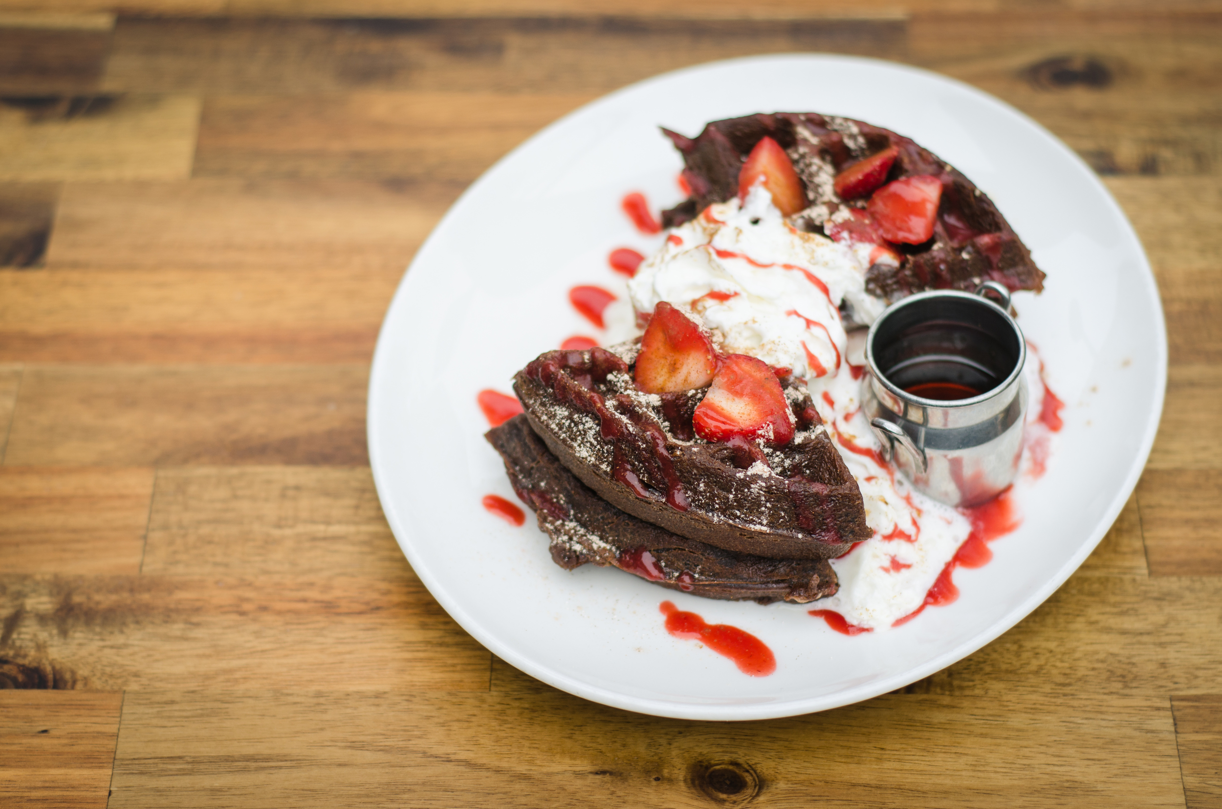 Chocolate, berries, and whipped cream goodness.