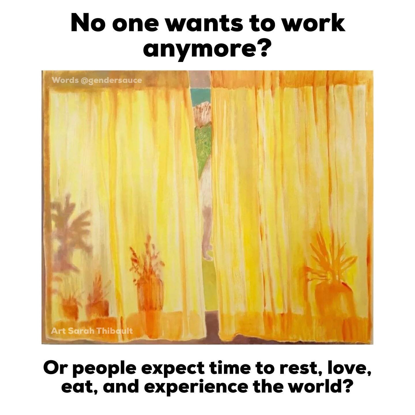 We don&rsquo;t need to be working like we do. We can work fewer hours, get more done, create more connections, build up our communities. We deserve better chances of survival. 🌕 #CuspyWholesomeMemes Art by Sarah Thibault. Image description will be p