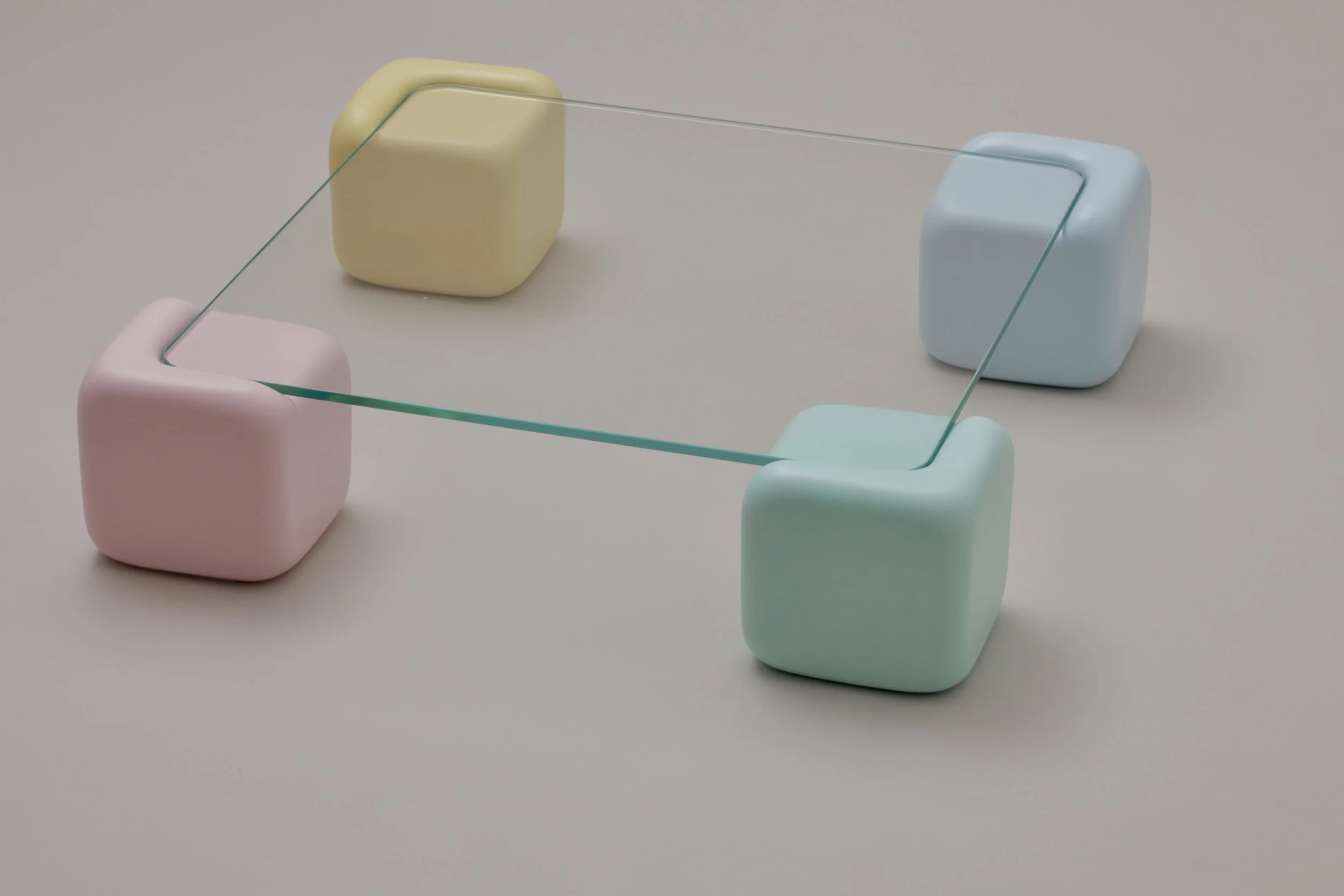 Studio Mignone Tavolo Morbido pastel pillars with clear glass coffee table. Original sculptural furniture. (Copy)