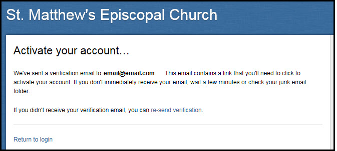 Step 3: Fellowship One notifies you that a verification email was sent to your email account.