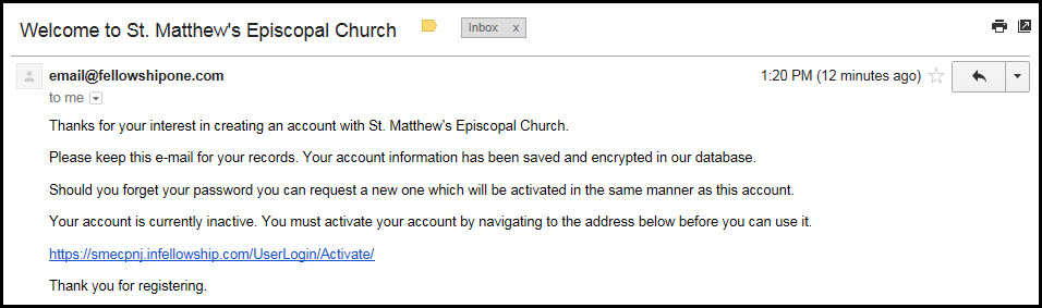 Step 4: Find the Fellowship One email in your Inbox, and click on the provided link to activate your account.