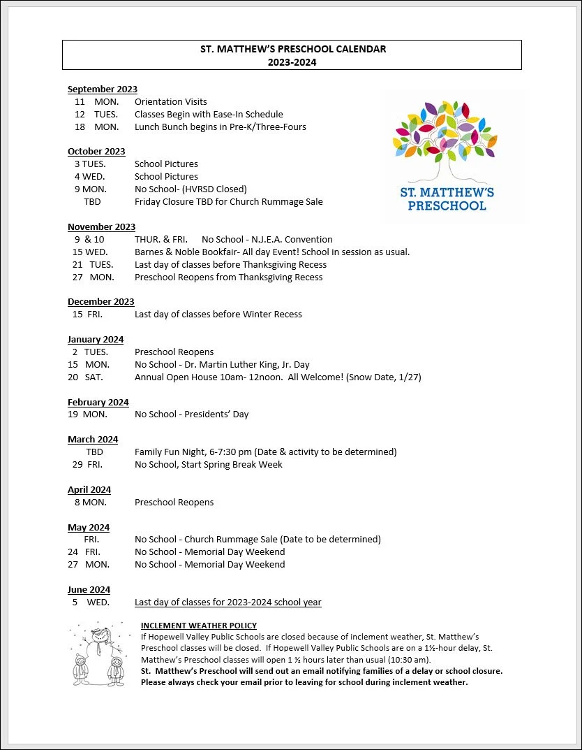 Preschool Calendar — St. Matthew's Episcopal Church