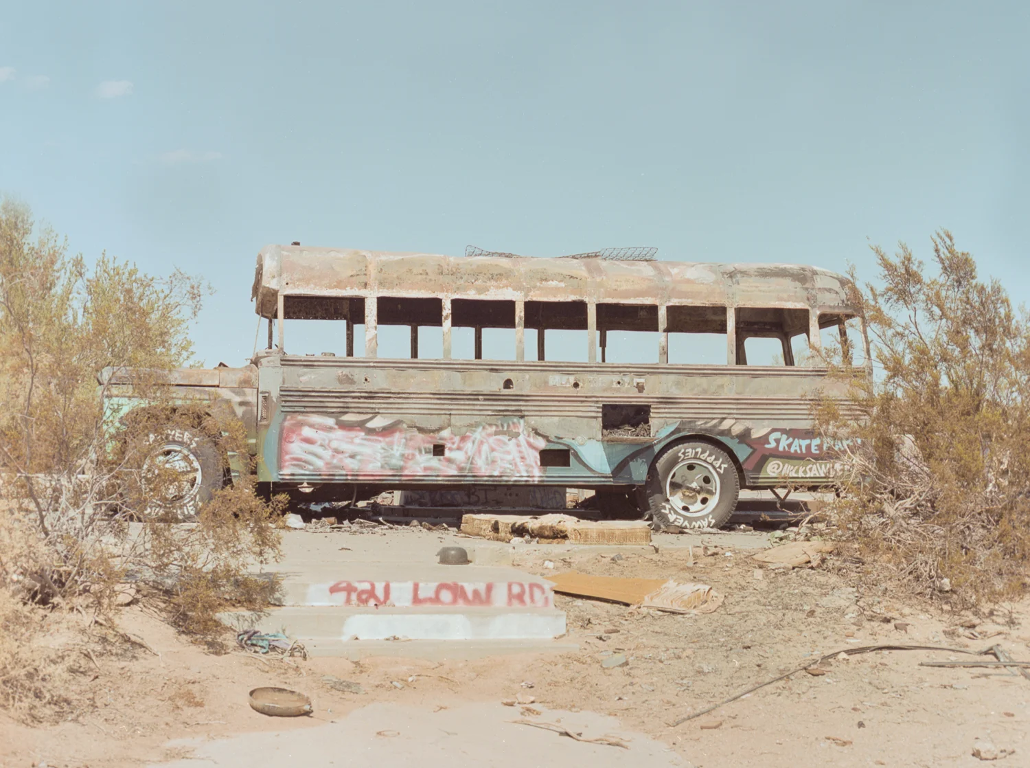 28 Aug 2016, Old bus advertising for a skate park, Slab City, Niland, CA. Pentax 645, Ektar 100 @ 400, Developed (Unicolor) and Scanned by me.