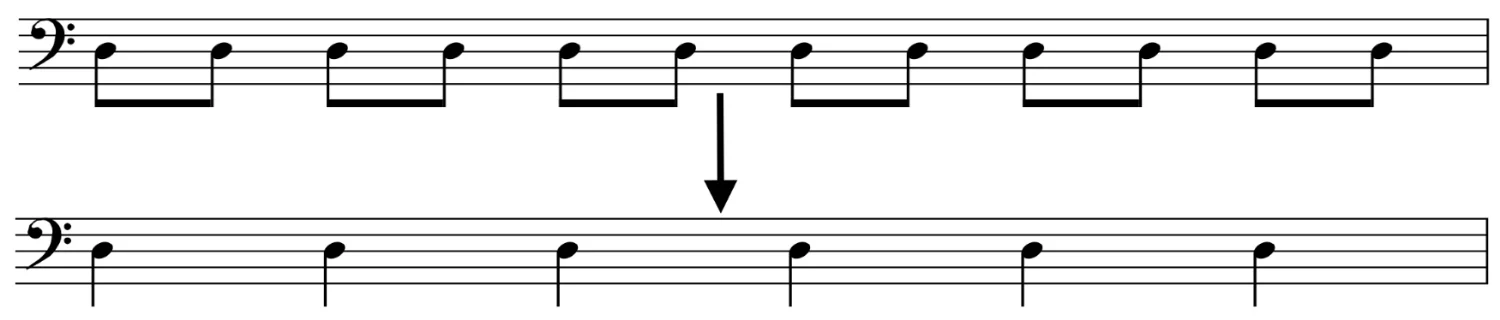  In this example, if each metronome click is eighth = 150 bpm, then the quarters will = 75 bpm