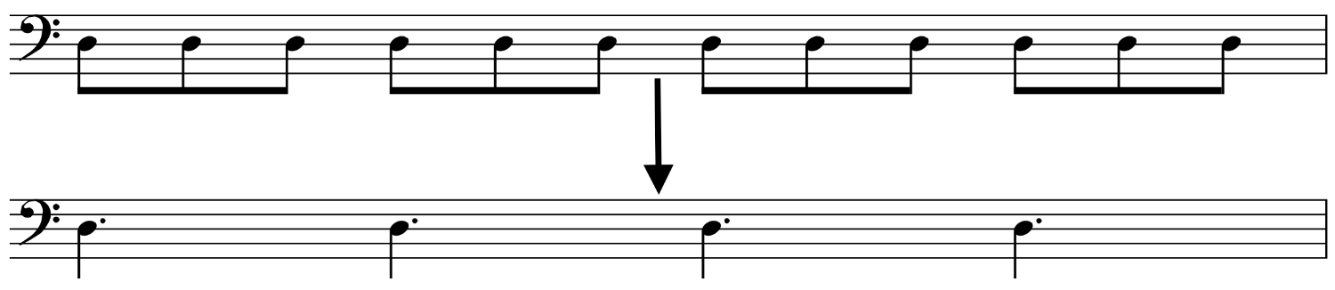  In this example, if each metronome click is eighth = 150 bpm, then the dotted quarters will = 50 bpm