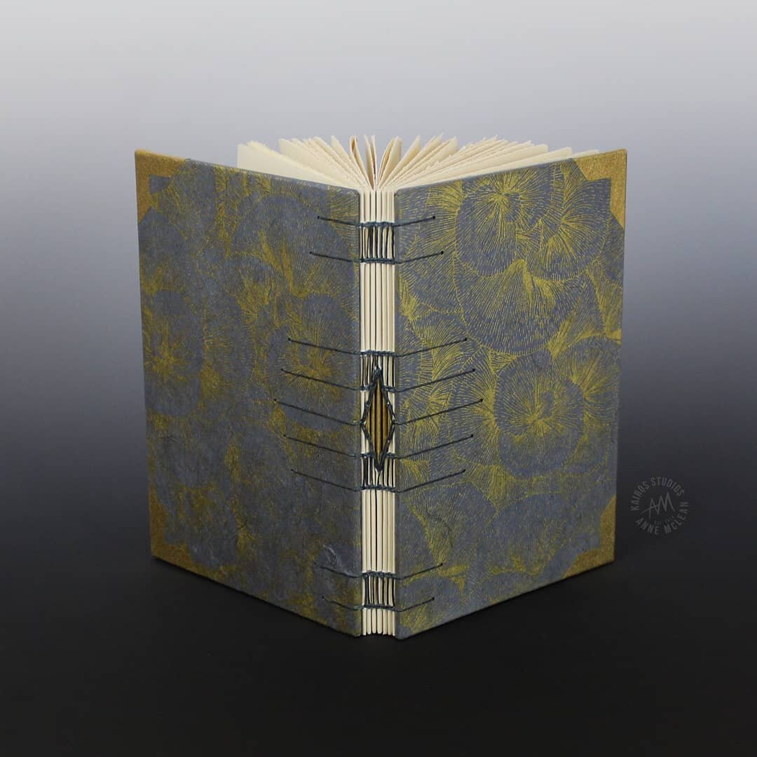 I absolutely adore this paper!  Combined, this gorgeous grey and gold floral paper and single diamond and longstitch pattern are my most requested book.  This book is the last one from a recently-made set of six in two sizes. 

The book shown here is