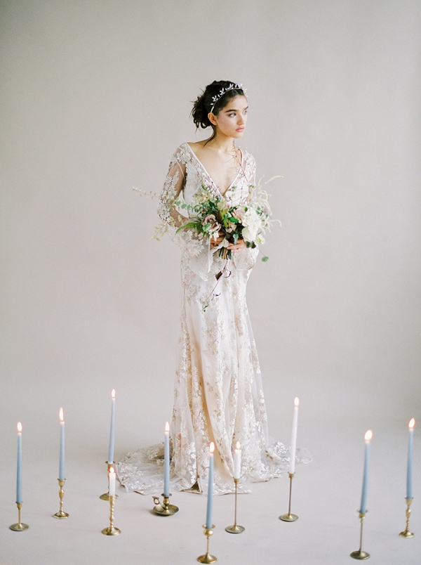 Our embroidered Rose Gold Alyse gown by Odylyne the Ceremony and headpiece by Olivia the Wolf.