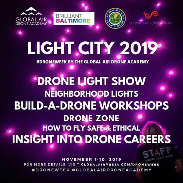 #BALTIMORE! Are you ready for some exciting drone action!? We are teaming with @lightcitybmore @prattlibrary and the @faa to bring you a week-long series of FREE innovative and safety-themed drone events! 
We kick off #LightCity2019 with a #DroneLigh