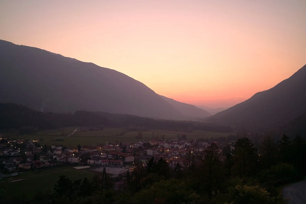 We continued on our drive to Bovec. As the sun lowered behind the mountains we stopped for the view from the Italian military sanctuary built atop a hill that overlooks the town.
After we arrived at Boštjan’s family’s place in Bovec we all took a drive in the dark up to the Kanin ski mountain and enjoyed the stillness of the night. It was a clear, cold night with a bright moon.