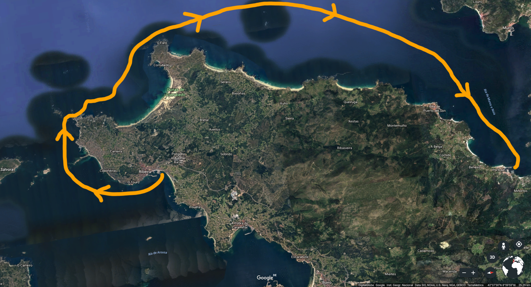 Our route from Ribeira to Portosín.