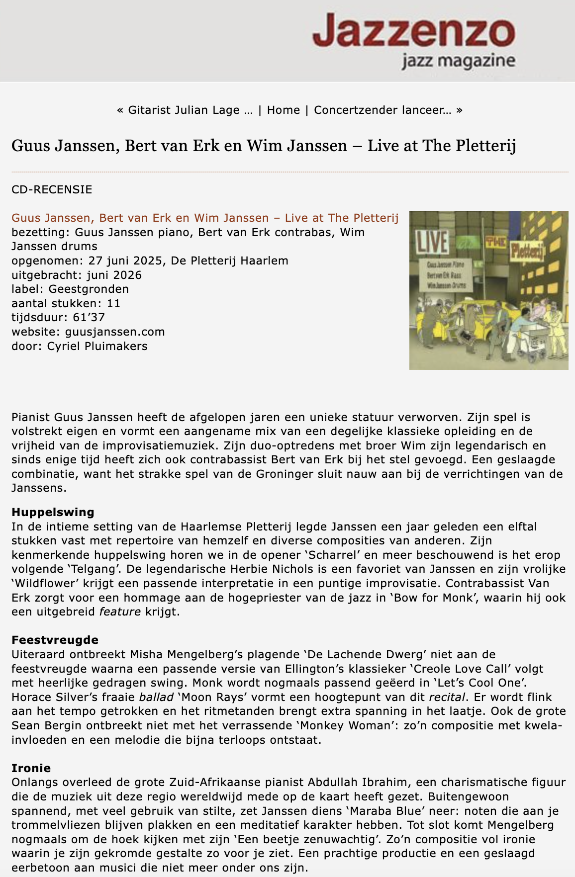 Recensie Live at the Pletterij Curiel Dluimakers Guus Janssen