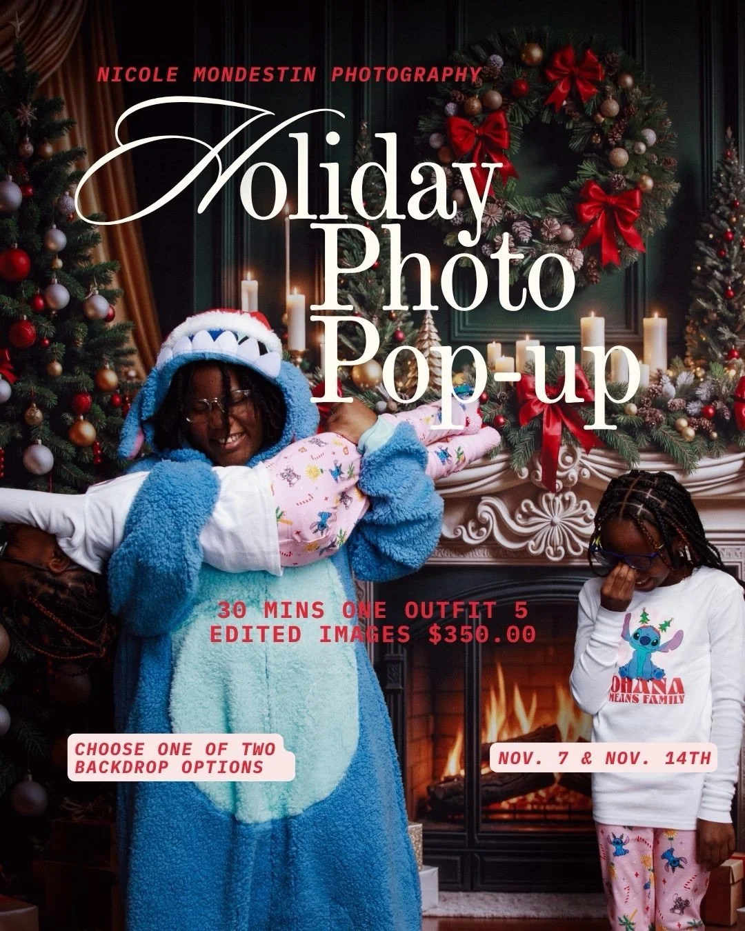 Holiday Photo Pop-Up is back! Enjoy a 30-minute session with one outfit and five edited images. Choose between a festive holiday backdrop or a sleek, hand-painted editorial backdrop, available in up to six colors. Contact the studio for details. Grou