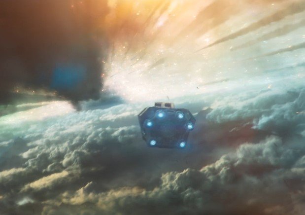 A futuristic spaceship flying through a cloudy sky with a rainbow-colored aurora and a planet or moon in the background.
Screenshot from Emmy & Bafta nominated Star Wars Andor season 1 showing the Rono Freighter and the Eye of Aldhani