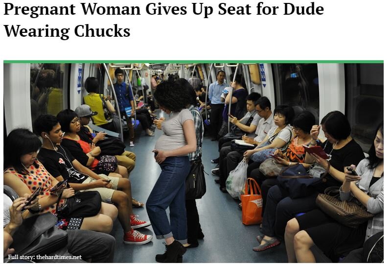 Pregnant Woman Gives Up Seat For Dude Wearing Chucks (via The Hard Times)