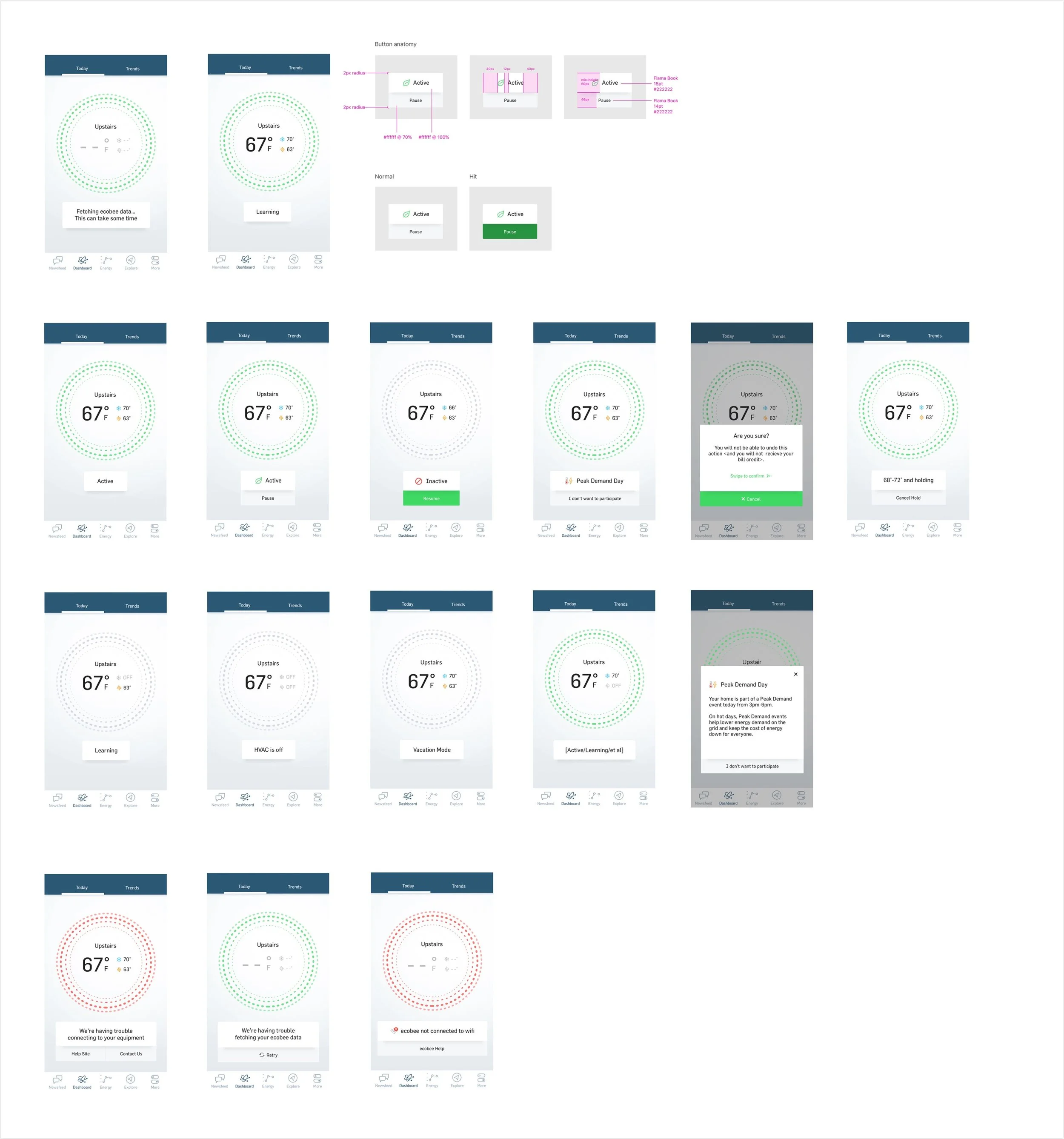 Final UI design &amp; additional explorations I created for the thermostat dashboard.