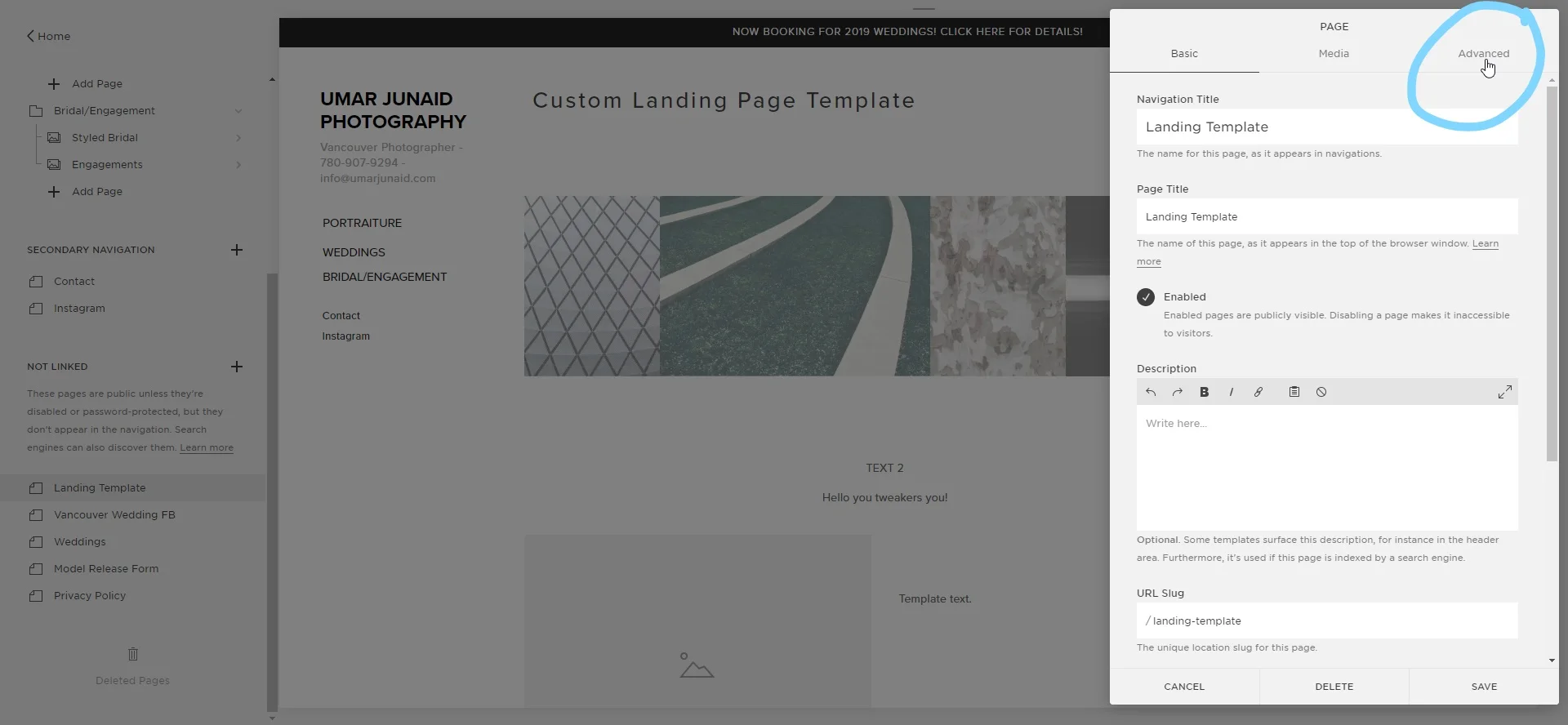 Step 6: Click on Advanced on the popup that appears.