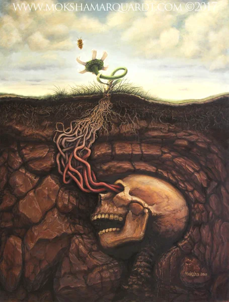 a skull is underground with roots that connect to a flower which attracts a bee