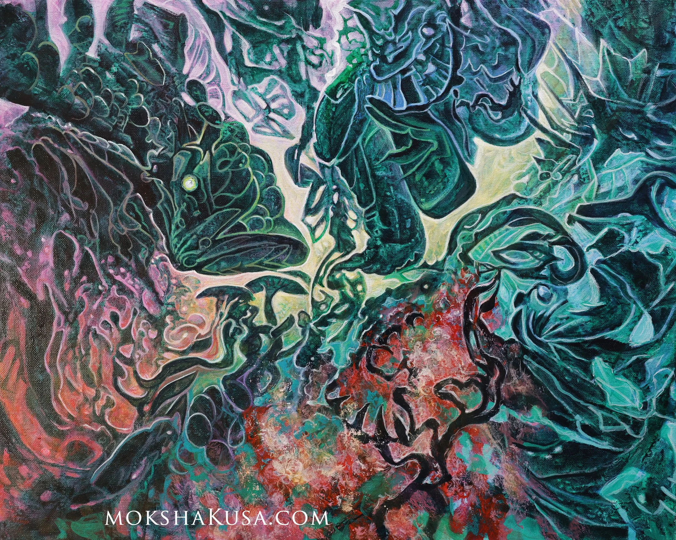 dreamlike abstract colorful painting with lots of motion and movement and a shape that looks like a catfish