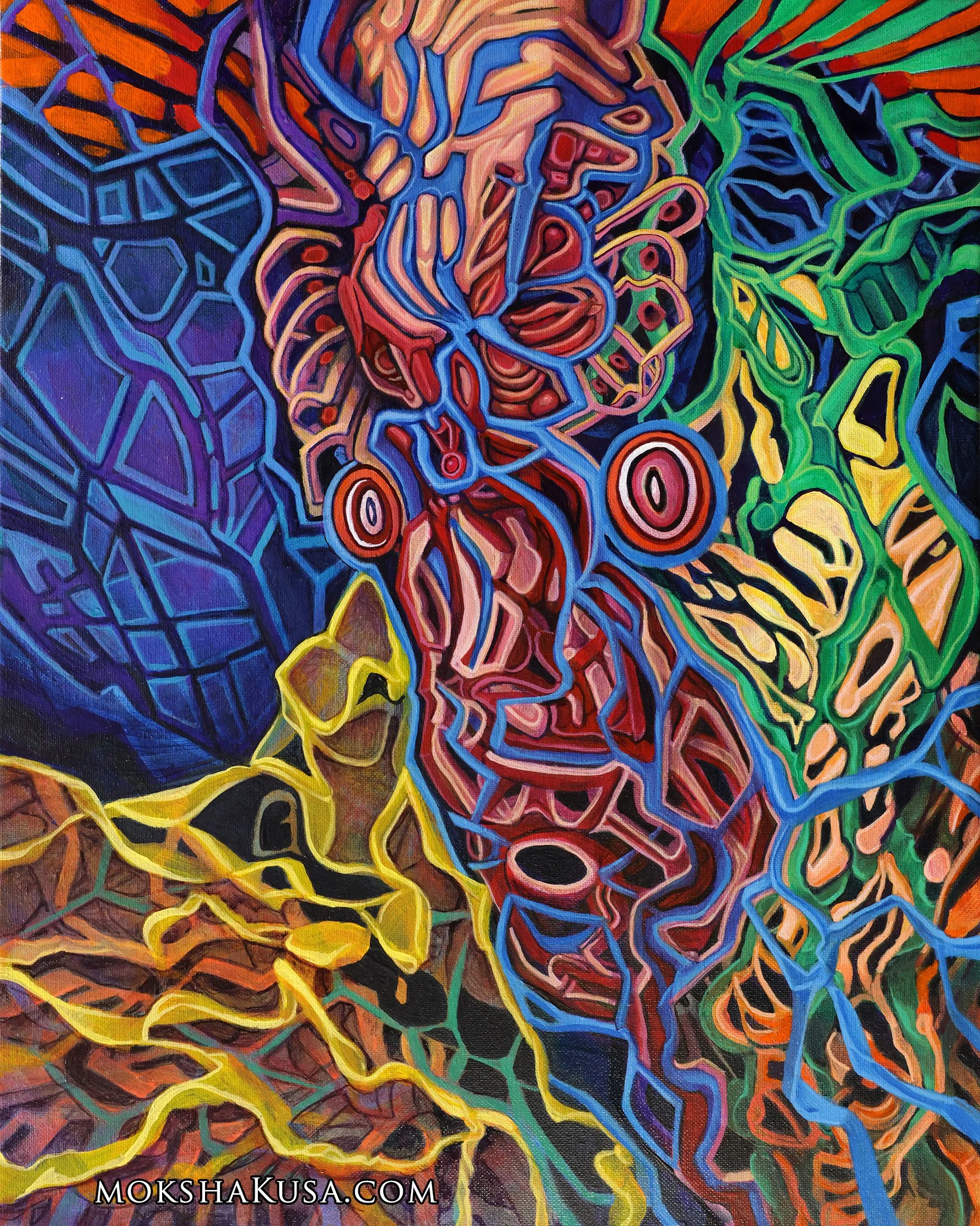 a colorful face emerged from a field of texture and motion symbolizing the space when and artist enters the zone and is working from a beginners mind where everything is new