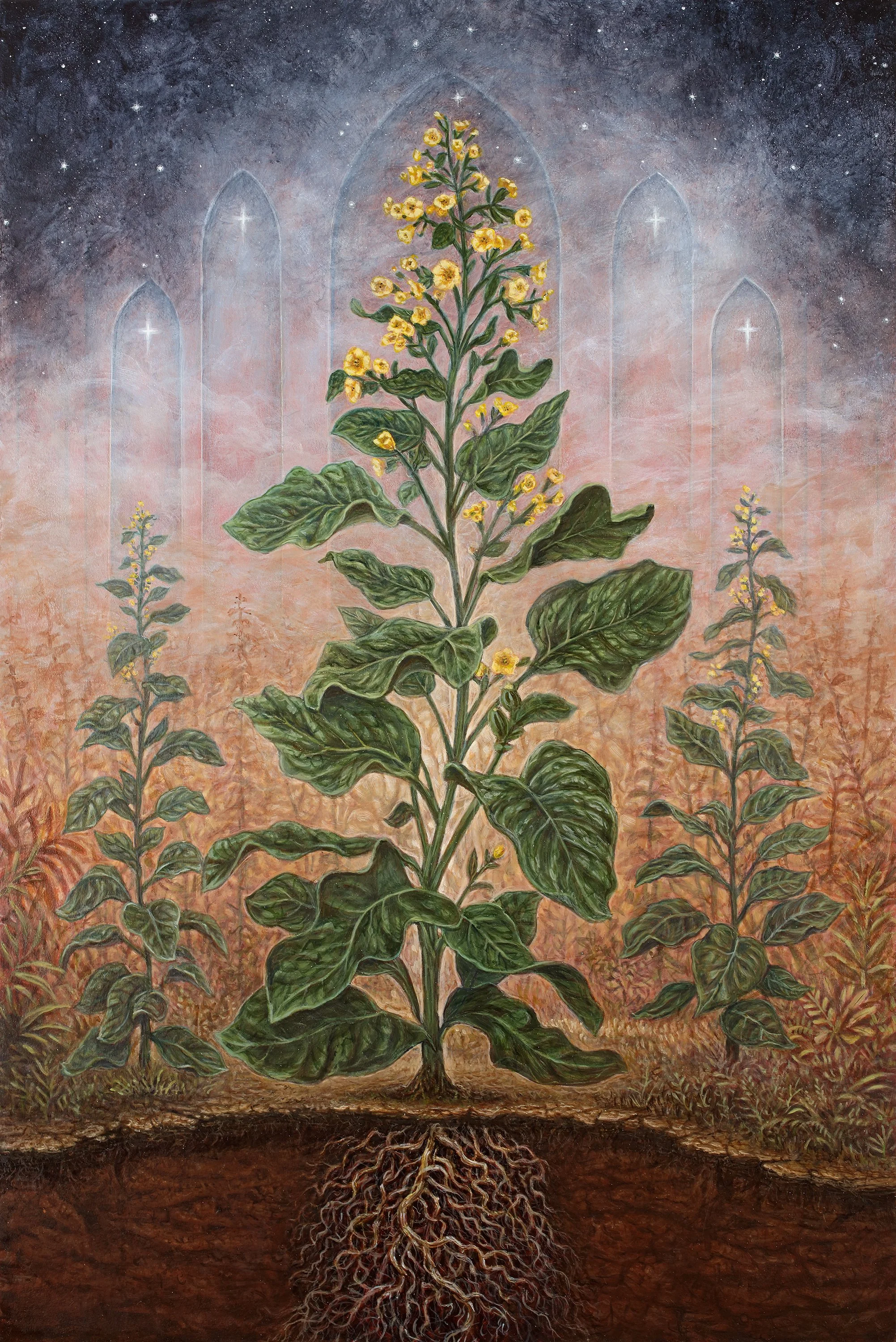 sacred tobacco plant in a smokey mystical setting like a cathedral with crosses in the background