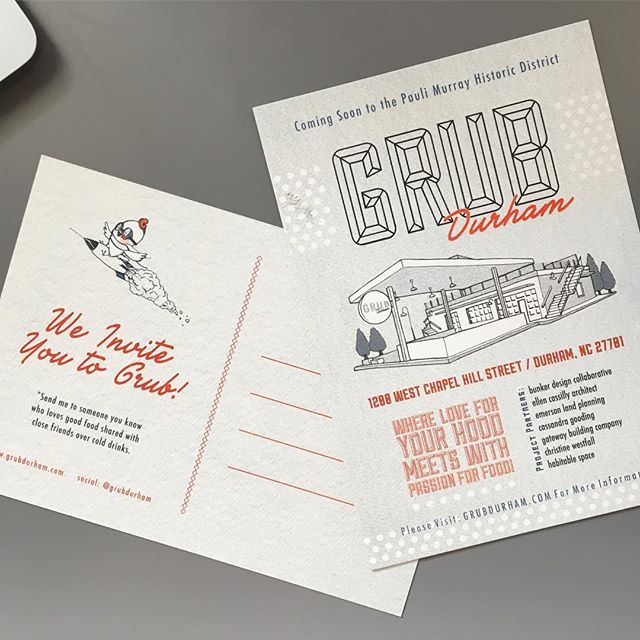 ❤️ these sweet little POSTCARDS we got to design 👨🏻&zwj;💻for our clients in #durhamnc @grubdurham. This was our first TRUE full-service project that included :
Planning+
Branding+Interiors+
Marketing+Web

These cards are a small piece of a great e