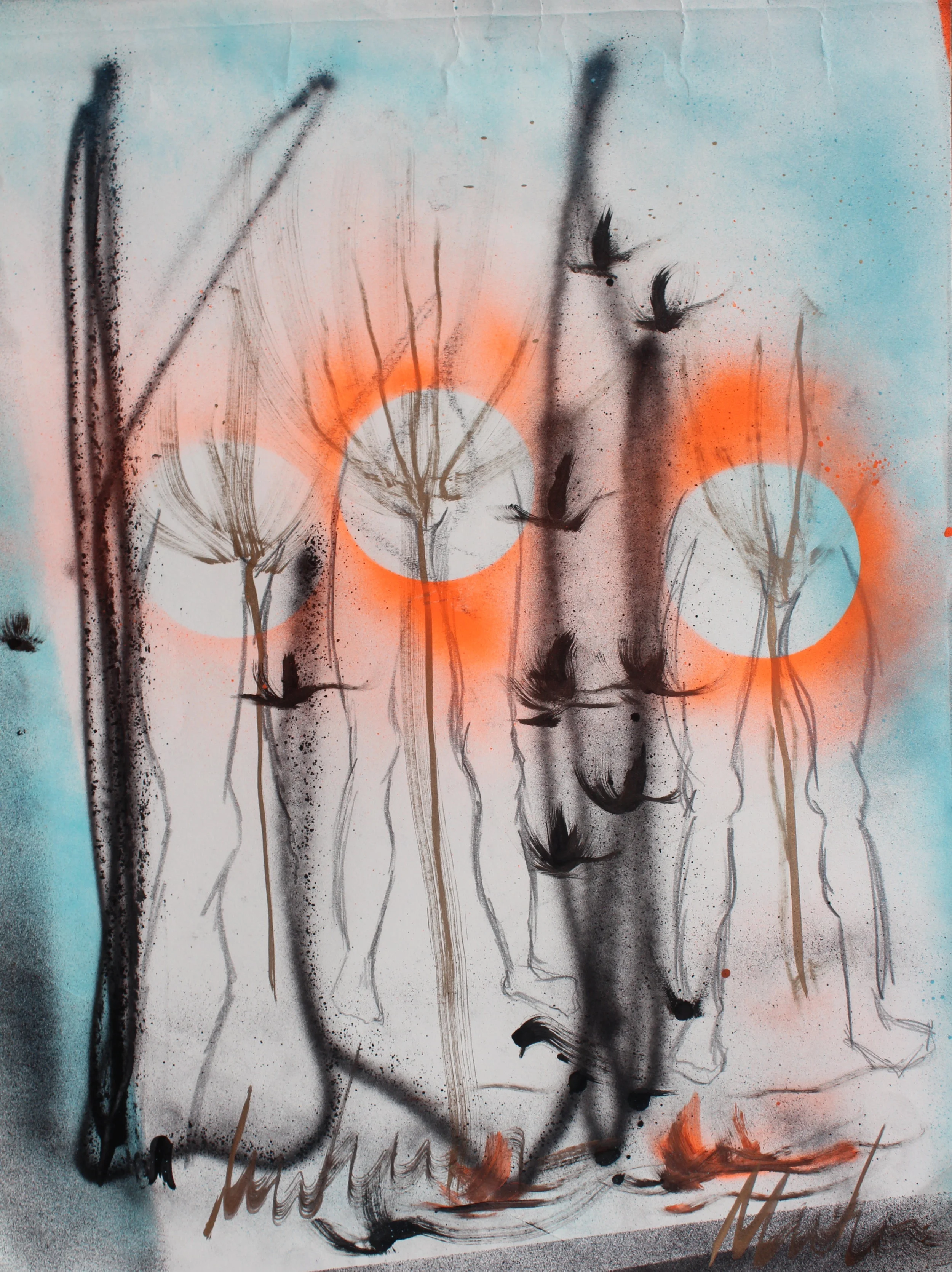 3 Wack GIRLS, 2017, (Série Ultra Light Been), Carvão, óleo e spray sobre tela, 62 x 46 cm