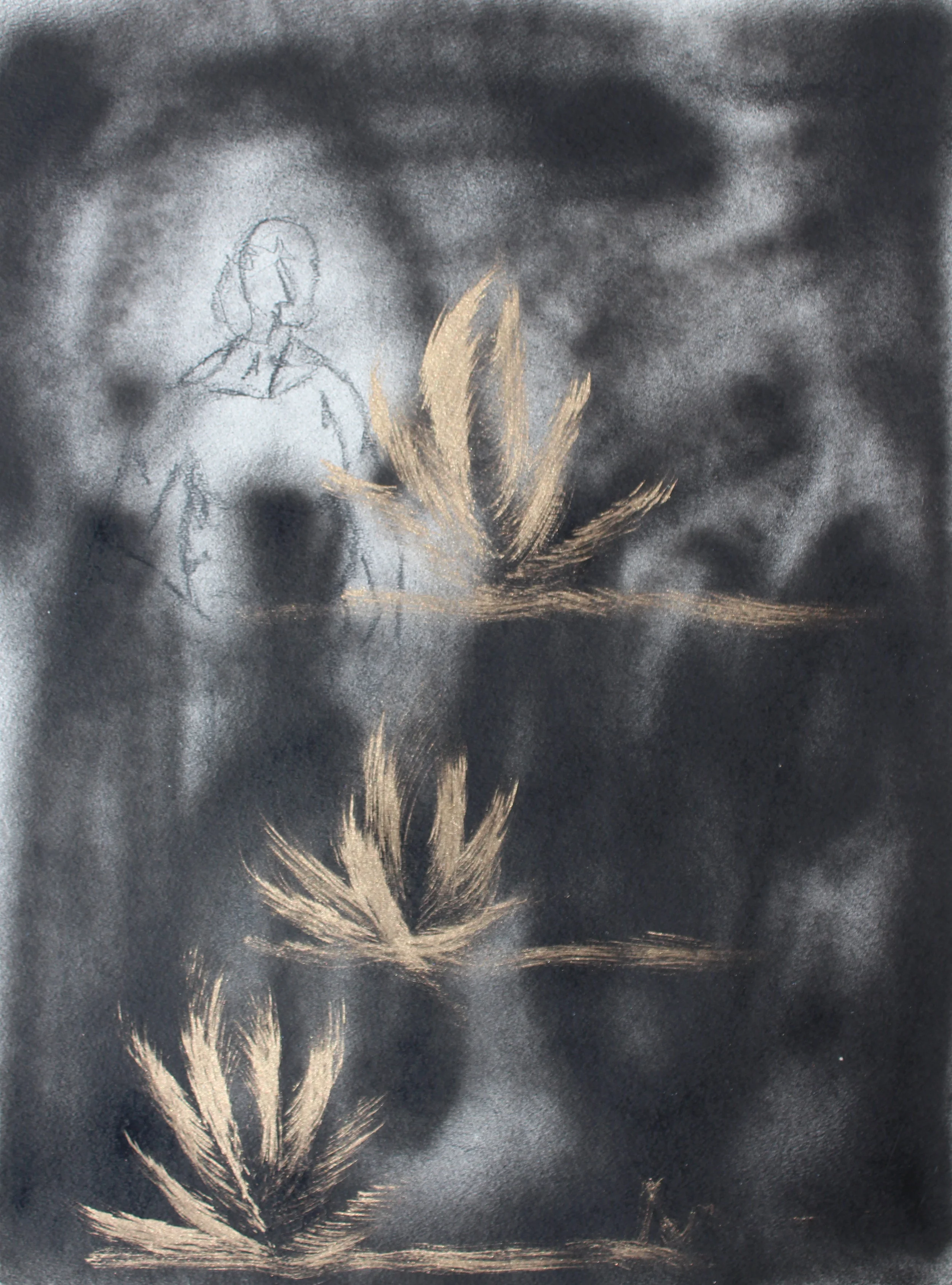 Things Get Dark, But My Aurea Just Starts Glowing, 2017, (Série Ultra Light Been), Carvão, óleo e spray sobre tela, 62 x 46 cm