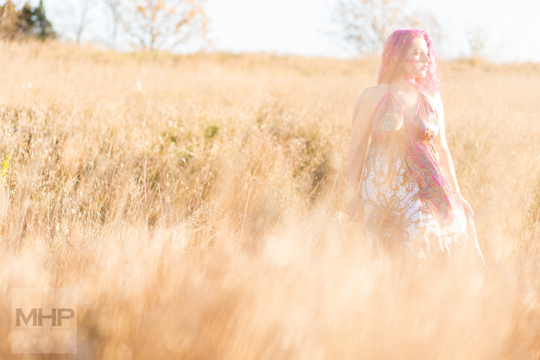 Portrait of a young lady with pink hair walking through a sunny field